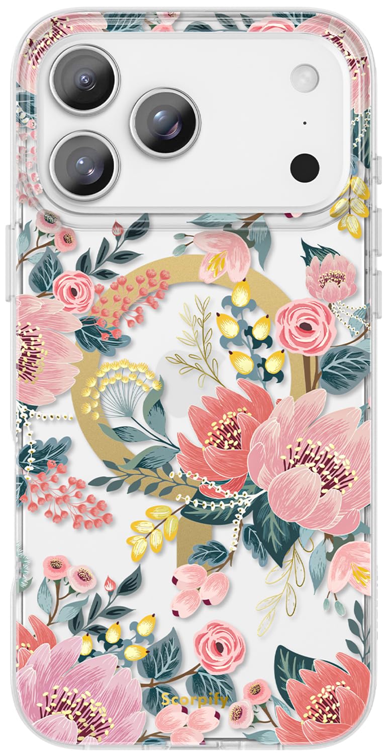SCORPIFY for iPhone 17 Pro Max Case [Compatible with MagSafe] with Pink Epiphyllum Floral Design, Cute Clear Flower Magnetic Pho