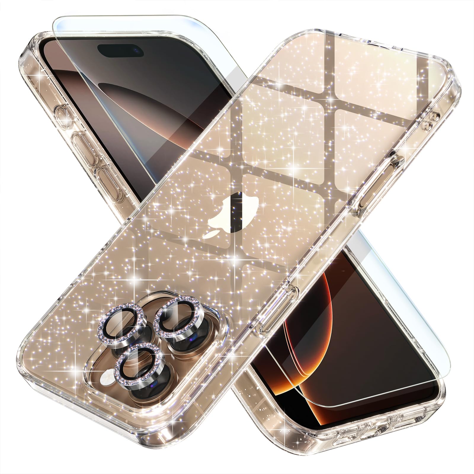 Choiche Compatible For Iphone 16 Pro Max Case, Women Cute Clear Glitter Bling Sparkly Case, [3 X Diamond Camera Lens Protectors]