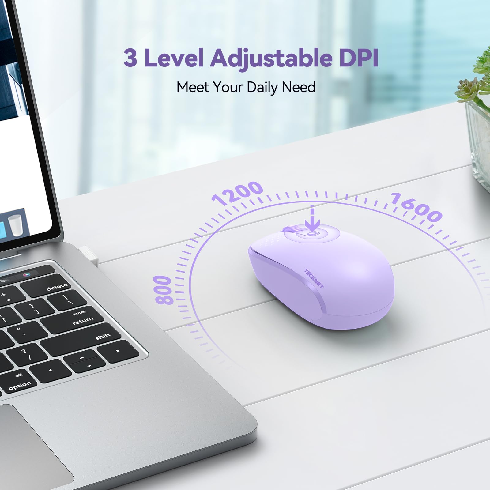 Tecknet Wireless Mouse, 2.4G Quiet Computer Mouse With Usb Receiver, 4 Buttons Portable Cordless Mice For Chromebook, Laptop, Pc, Mac, 800/1200/1600 Dpi   Purple