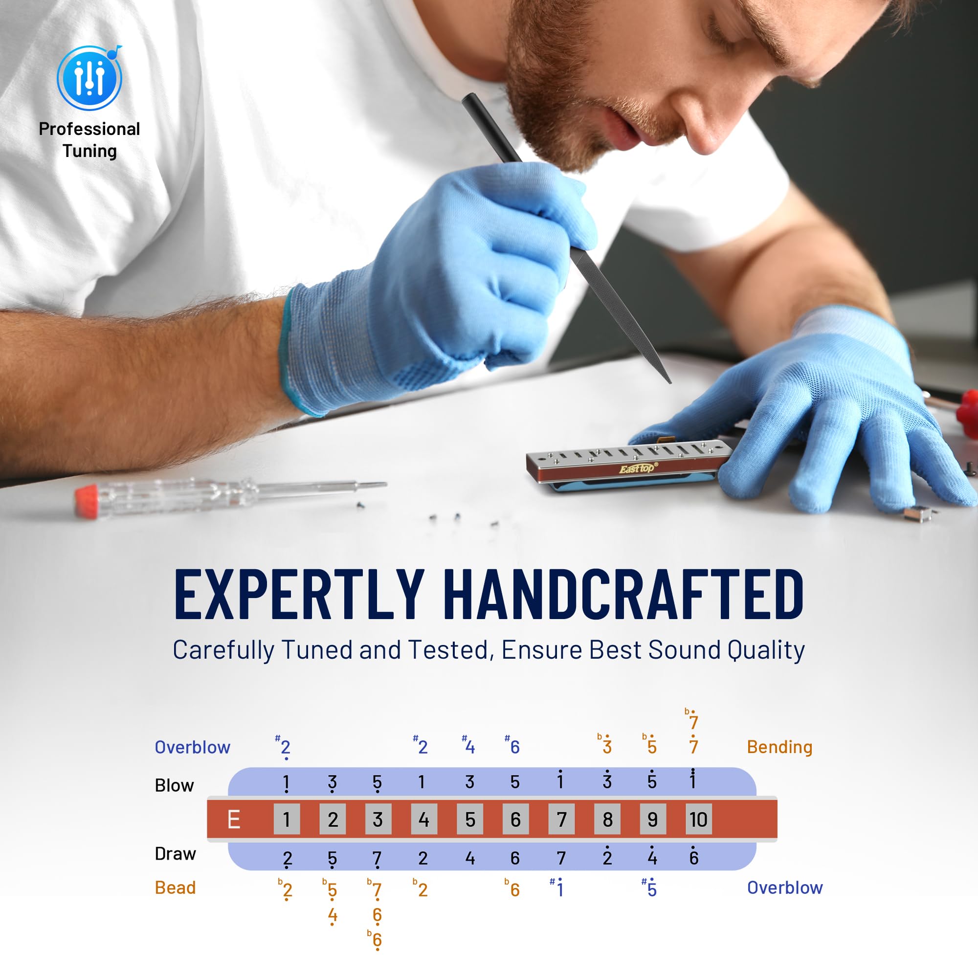 East Top Diatonic Harmonica Key Of E, 10 Holes 20 Tones 008K Diatonic Blues Harp Mouth Organ Harmonica With Blue Case, Standard