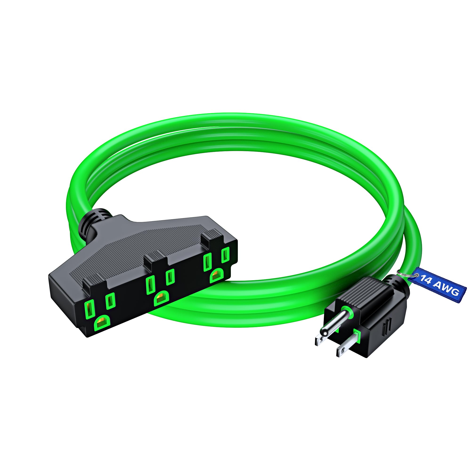 Extension Cord 3 Feet, Sjtw Extension Cord With Multiple Outlets, 14 Gauge (Green) Etl Listed