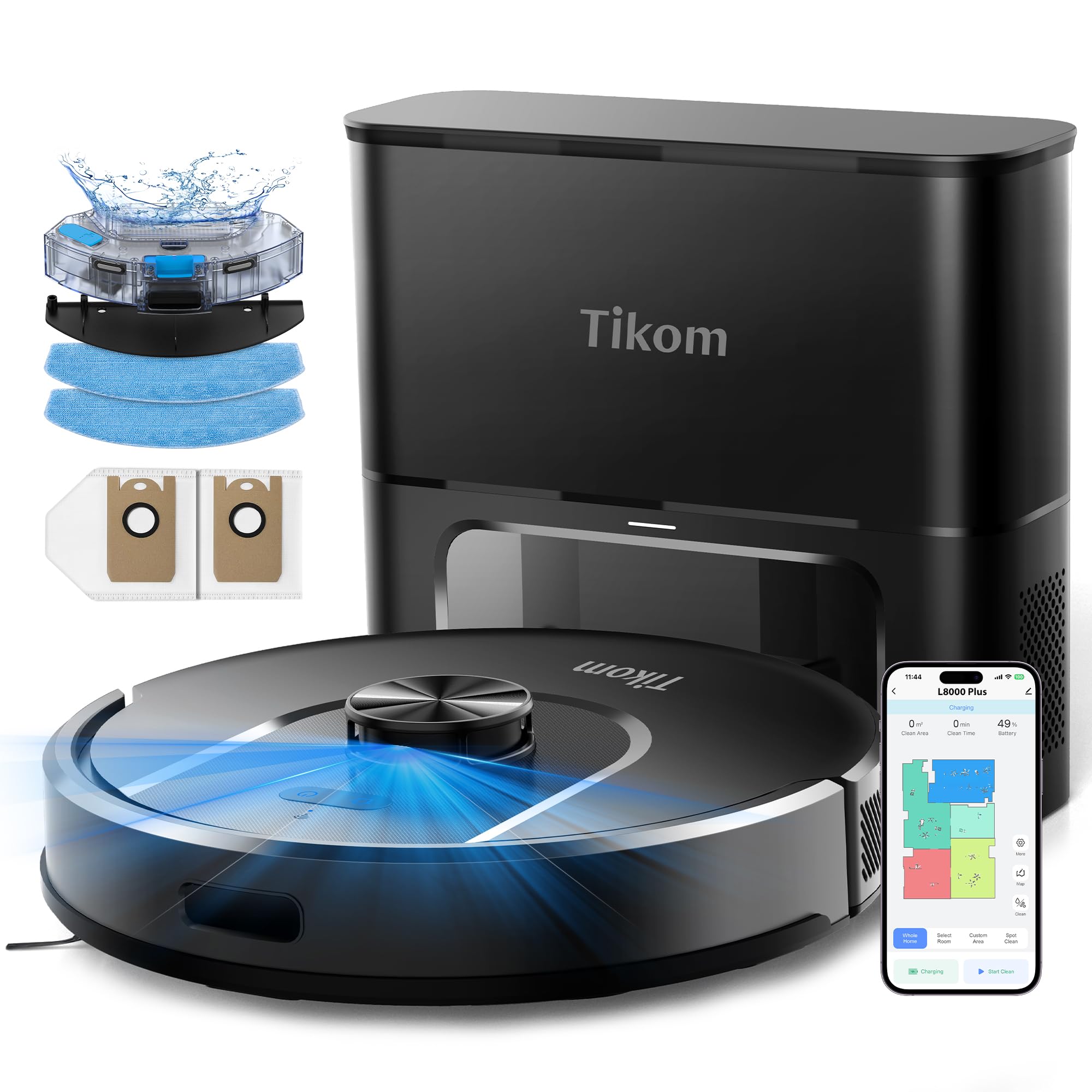 Tikom Robot Vacuum and Mop, 6000Pa Robotic Vacuum Cleaner with Self-Emptying Base, 90 Days Capacity, LiDAR Navigation, Home Mapp