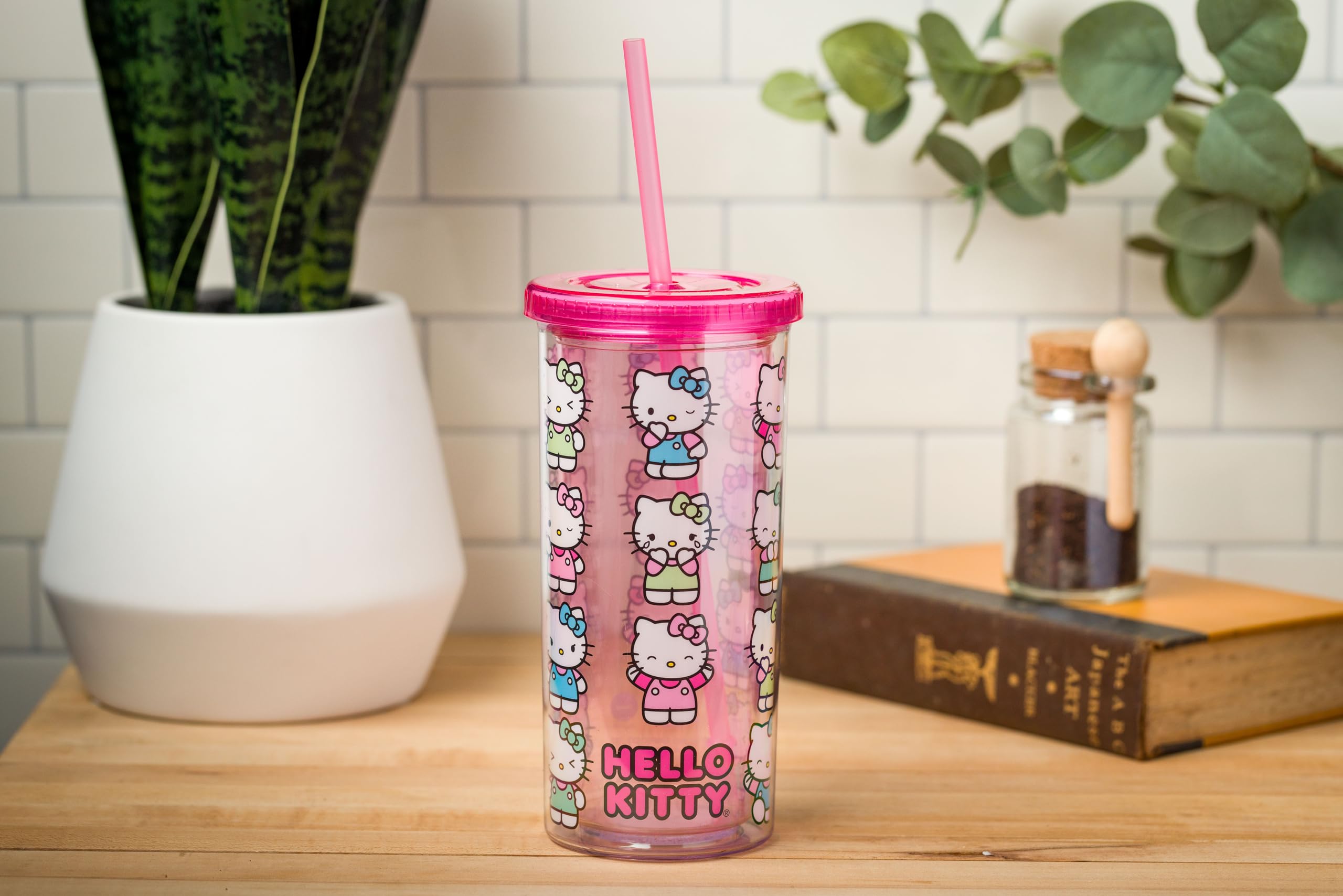 Silver Buffalo Sanrio Hello Kitty Expressions Poses Plastic Cold Cup With Lid And Straw, 20 Ounces