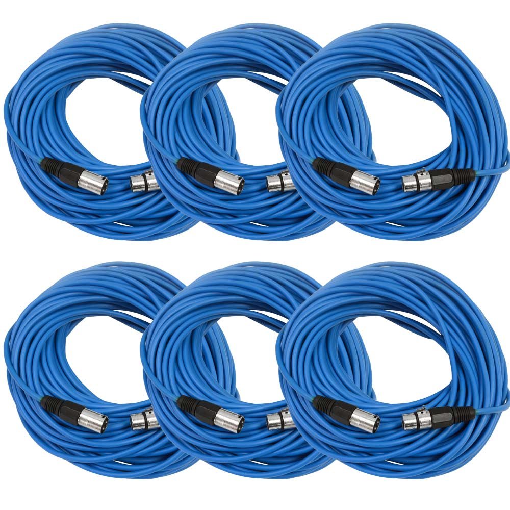 Seismic Audio - SAXLX-100-6 Pack of 100 Blue XLR Male to XLR Female Microphone Cables - Balanced - 100 Foot Patch Cords