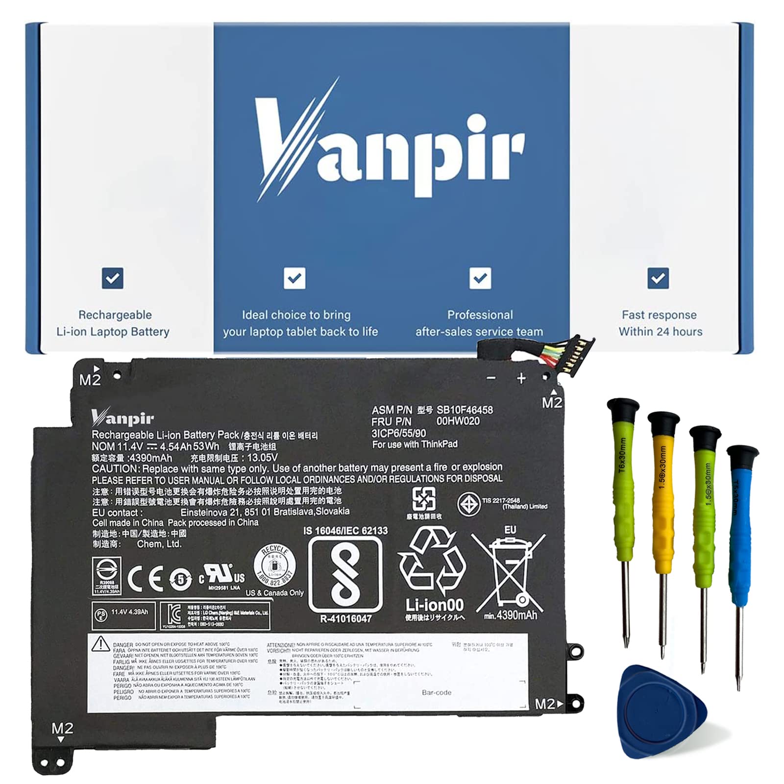 Vanpir 00Hw020 Sb10F46458 Laptop Battery 11.4V 53Wh 4540Mah Replacement For Lenovo Thinkpad Yoga 460 P40 Series 00Hw021 Sb10F464