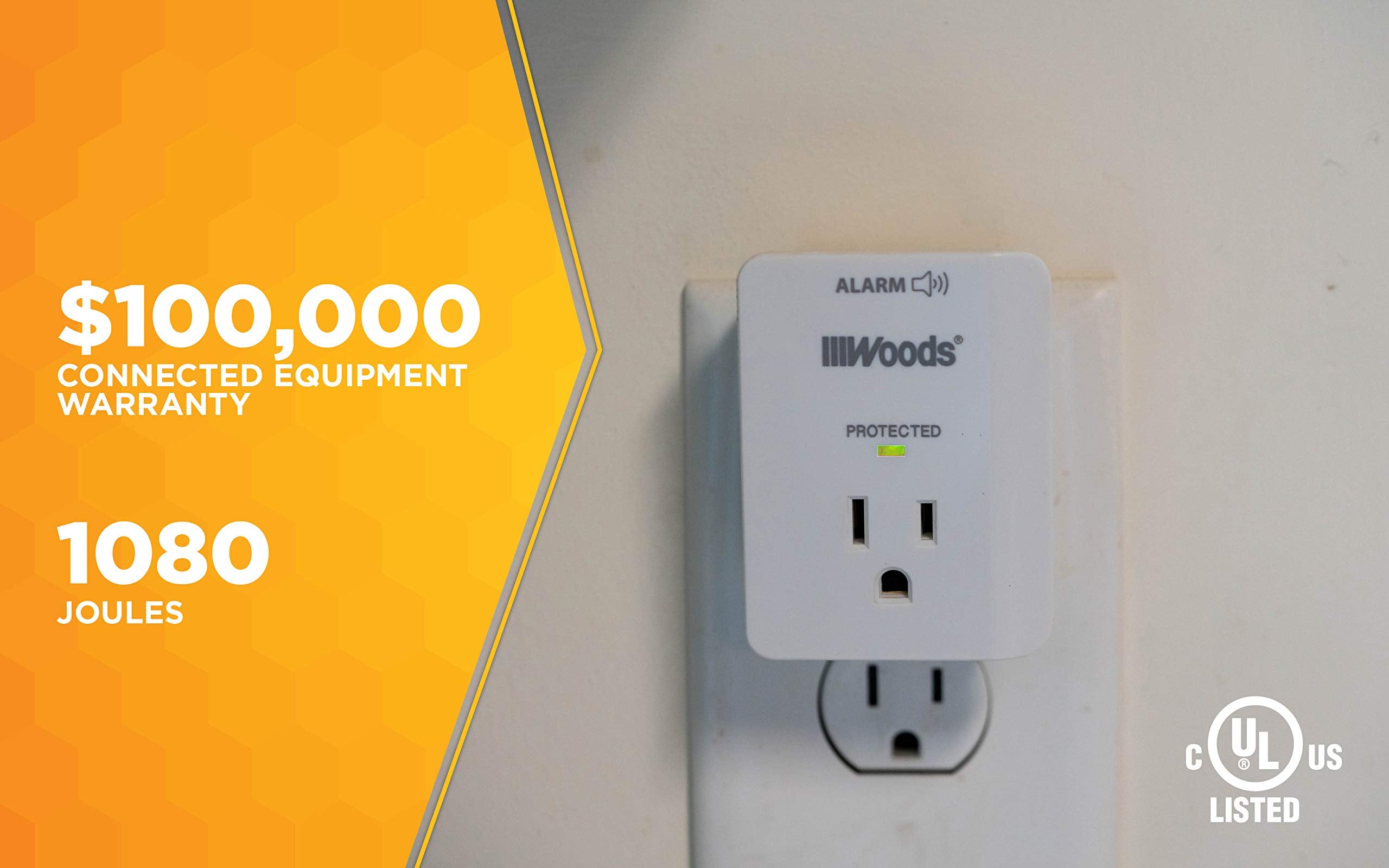 Woods 41008 Surge Protector One 3 Prong Power Outlet Led Indicator Light And Alarm, 1080J, White