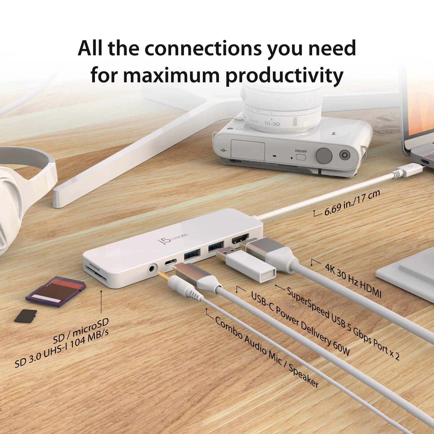 J5Create Usb-C Mini Hub - 4K Hdmi, 2 X Usb 3.1 5Gbps, Microsd & Sd Card Reader, 3.5Mm Audio Jack, 60W Pd Pass-Through Charging (