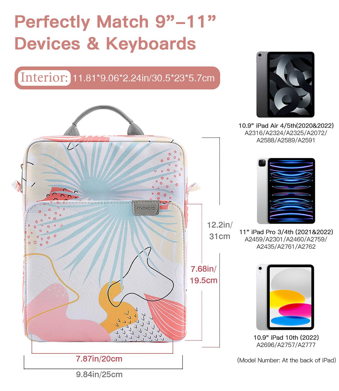 MoKo 9 11 Inch Tablet Sleeve Bag Handle Carrying Case with Shoulder Strap Fits New 11 inch iPad Pro M4/iPad Air M2, iPad 10th 10.9, iPad 9/8/7th 10.2, iPad Air 5/4th 10.9, Tab S8/S9 11, Tropical Leaf