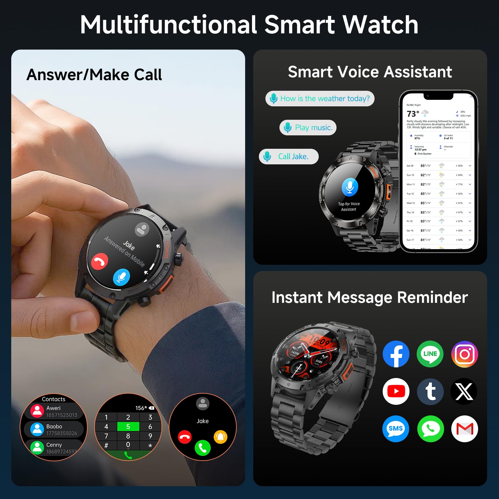 Bruboses Smart Watches For Men,Military Rugged Men Smartwatch, Stainless Steel Body, Ip68 Waterproof, 30-Day Long Standby, Answe