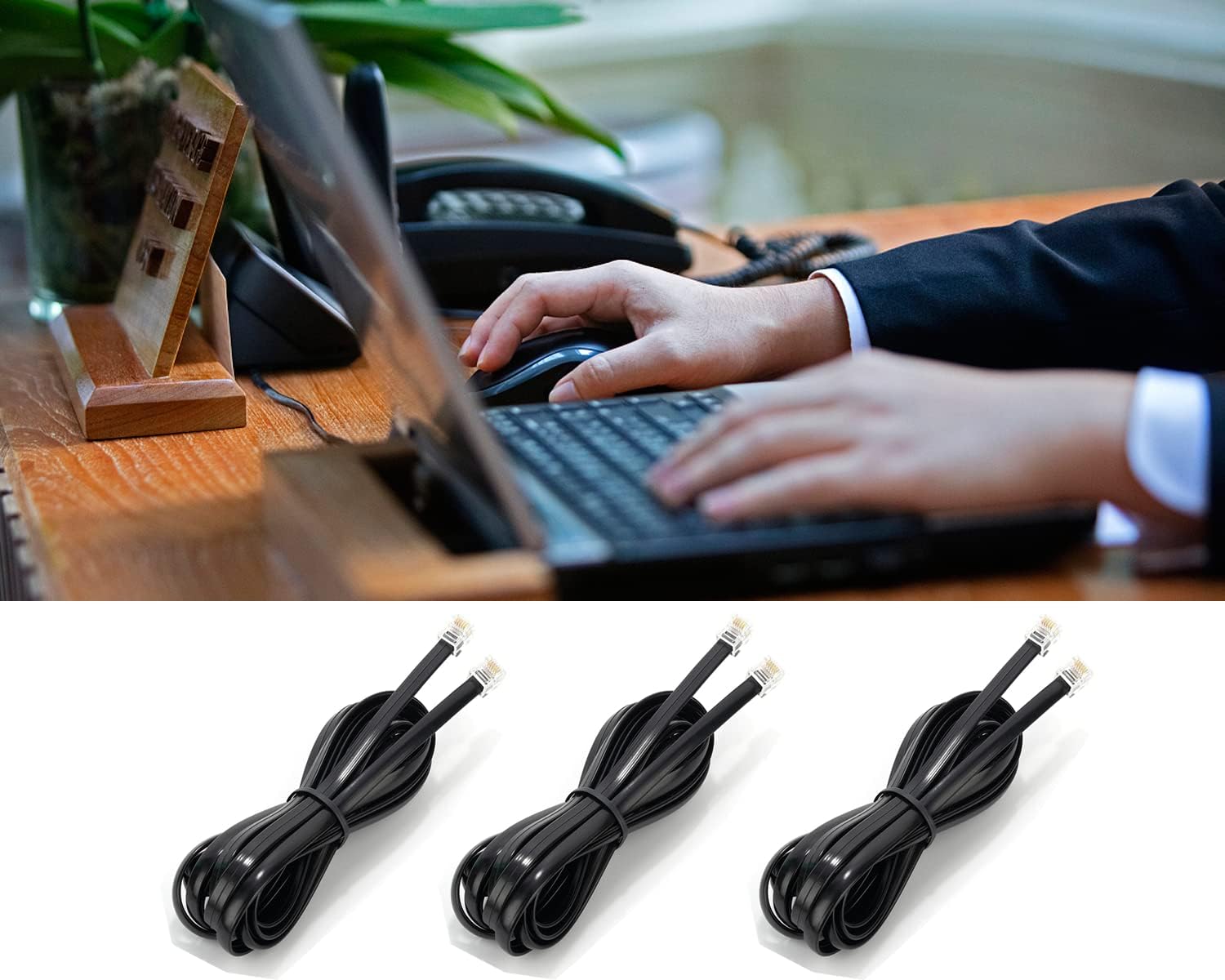 Seefeful Rj12 Cable Phone Cord Rj12 6P6C Male To Male Straight Wired For Both Data And Voice Use Black (6.6 Ft / 3 Pack)