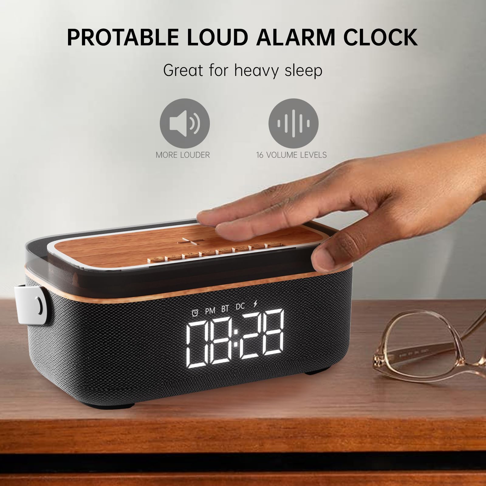 Lovme Fabric Alarm Clock Speaker Wireless Charger,Bedside Digital Alarm Clocks Bedrooms Bluetooth, Alarm Clock Dimmable Light Be