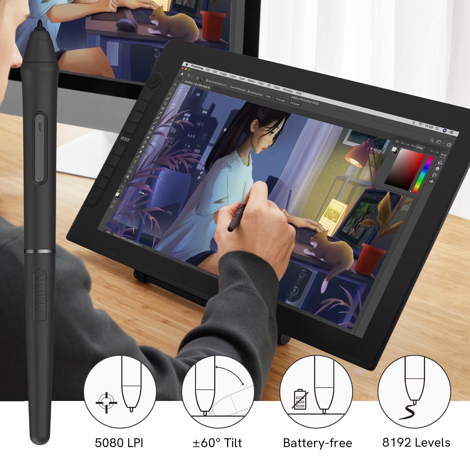 Drawing Tablet With Screen,Veikk Vk2200Pro Drawing Monitor,21.5 Inch Full-Laminated Screen,With 2 Customized Quick Dials,8 Short