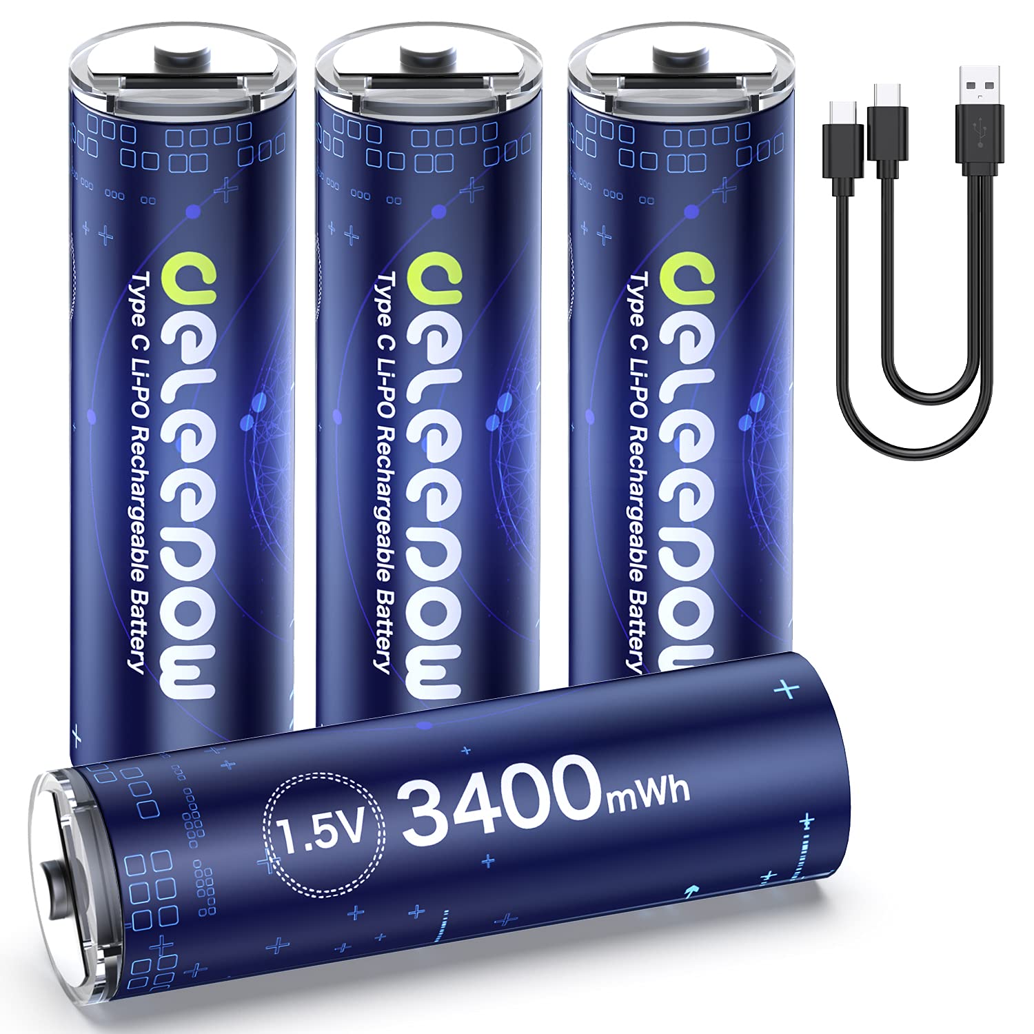 Deleepow Rechargeable Aa Batteries Usb 3400Mwh Aa Lithium Rechargeable Batteries 1500 Cycle With Usb C Cable 4 Pack
