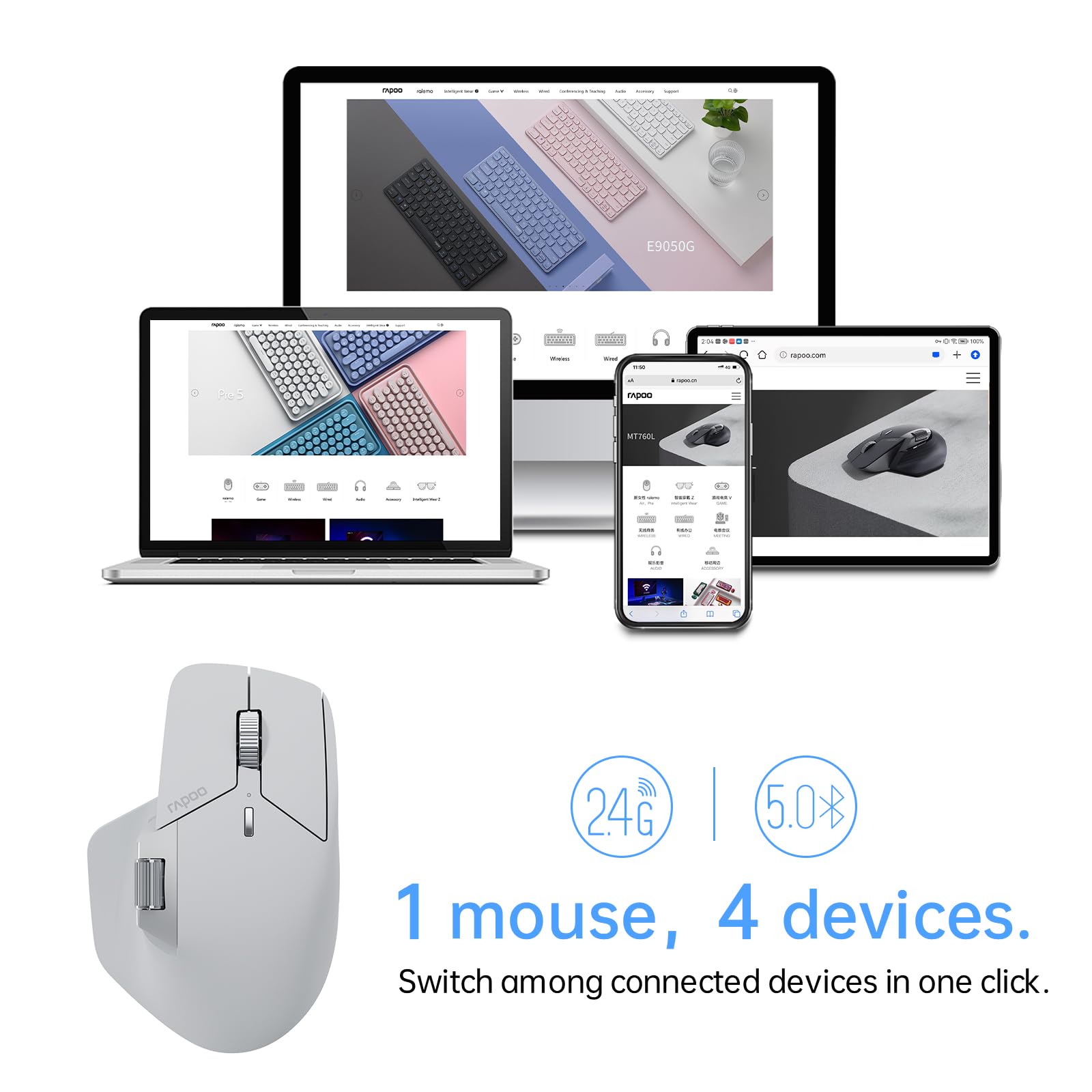 Rapoo Mt760 Multi Device Wireless Mouse, Bluetooth 5.0/3.0 And 2.4Ghz Tri Mode Connection, Up To 4 Devices, 11 Programmable Butt