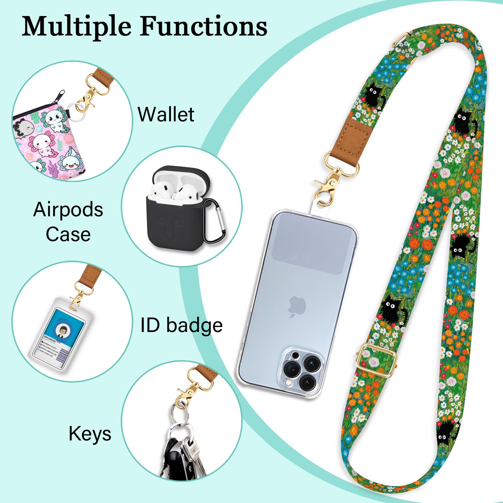 Piefly Phone Lanyard Crossbody Wrist Strap, Black Cat Flower Cell Phone Lanyards For Around The Neck Wristlet Shoulder, Adjustab