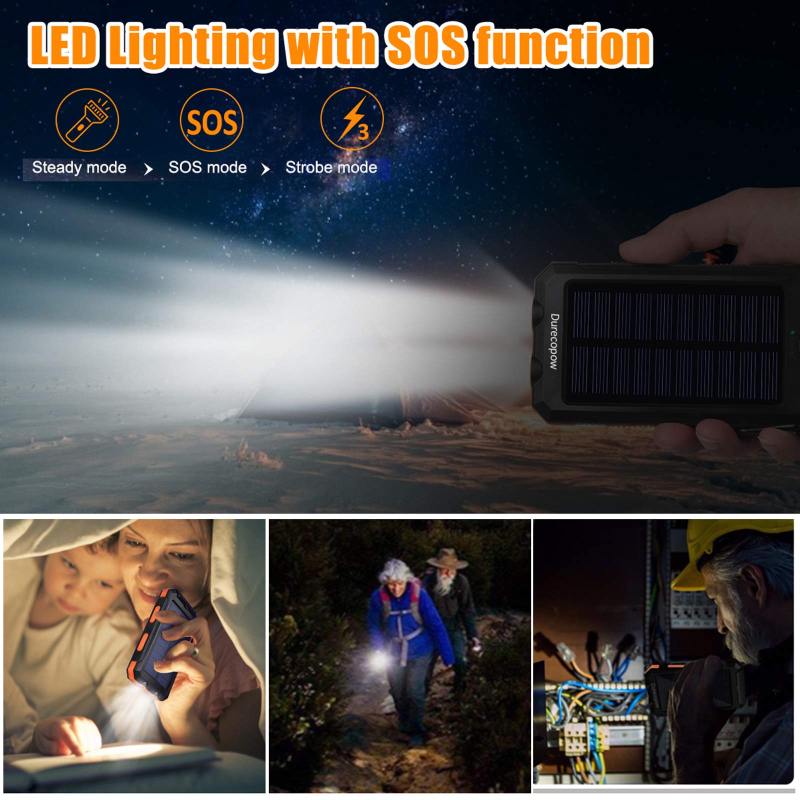 Durecopow Solar Charger, 20000Mah Portable Outdoor Waterproof Solar Power Bank, Camping External Backup Battery Pack Dual 5V Usb