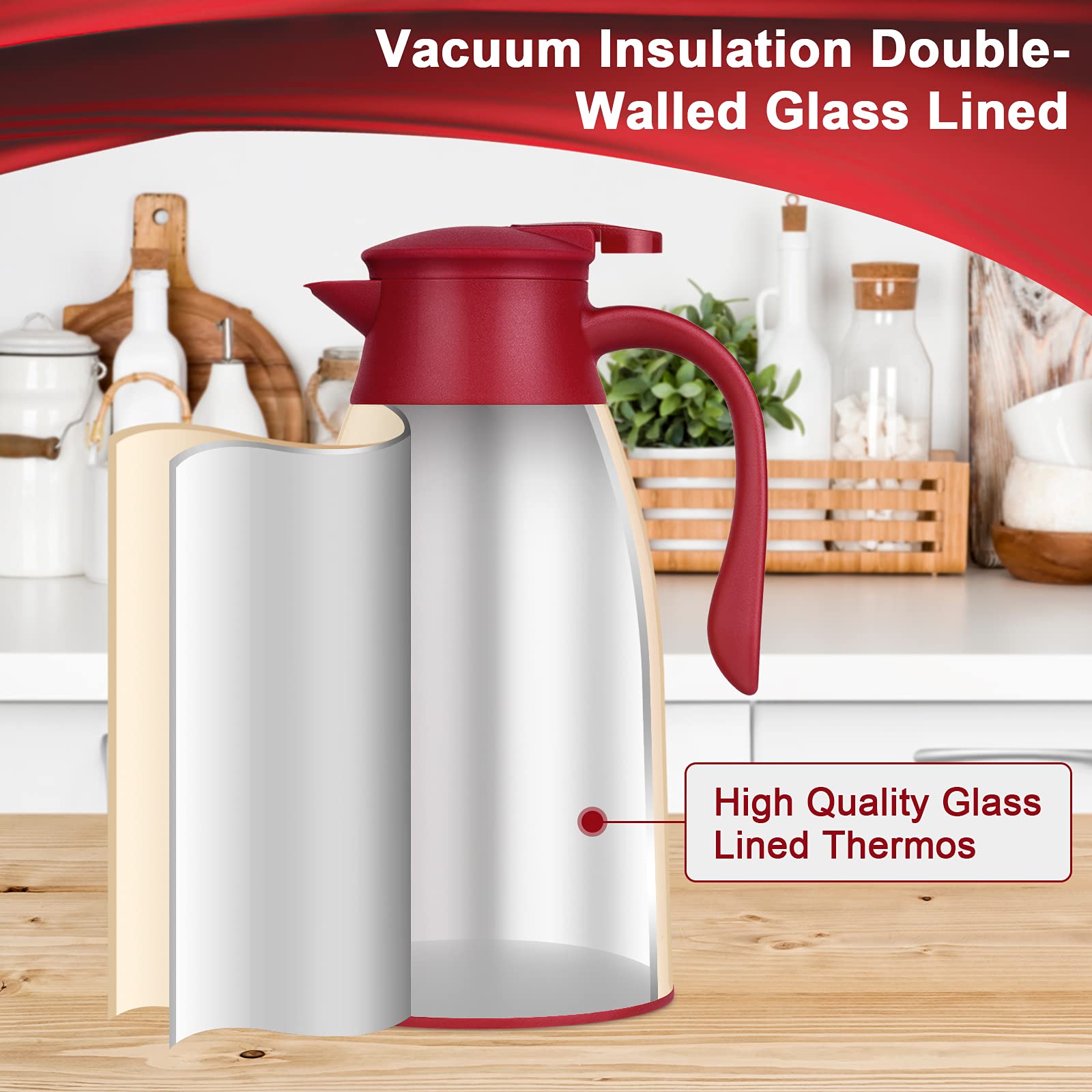 Acechef 40.5 Oz Glass Lined Thermal Carafe, Insulated Coffee Carafe, Coffee Thermos, Tea Pot With Lid, Vacuum Insulated Thermal