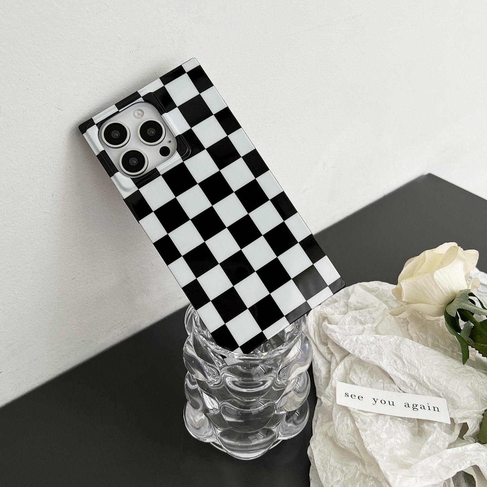 Reezaddin Square Checkered Phone Case for iPhone 13 Pro Max TPU Black White 6.7" Strong Shockproof Protective