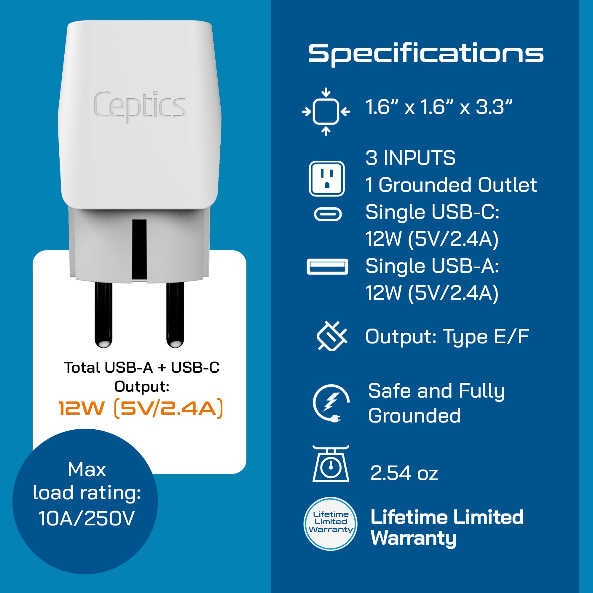 Ceptics European Travel Plug Adapter - Compact Type C & F Adapter With Usb-C & A + Usa Input - Safe Grounded Schuko Adapter - Tr