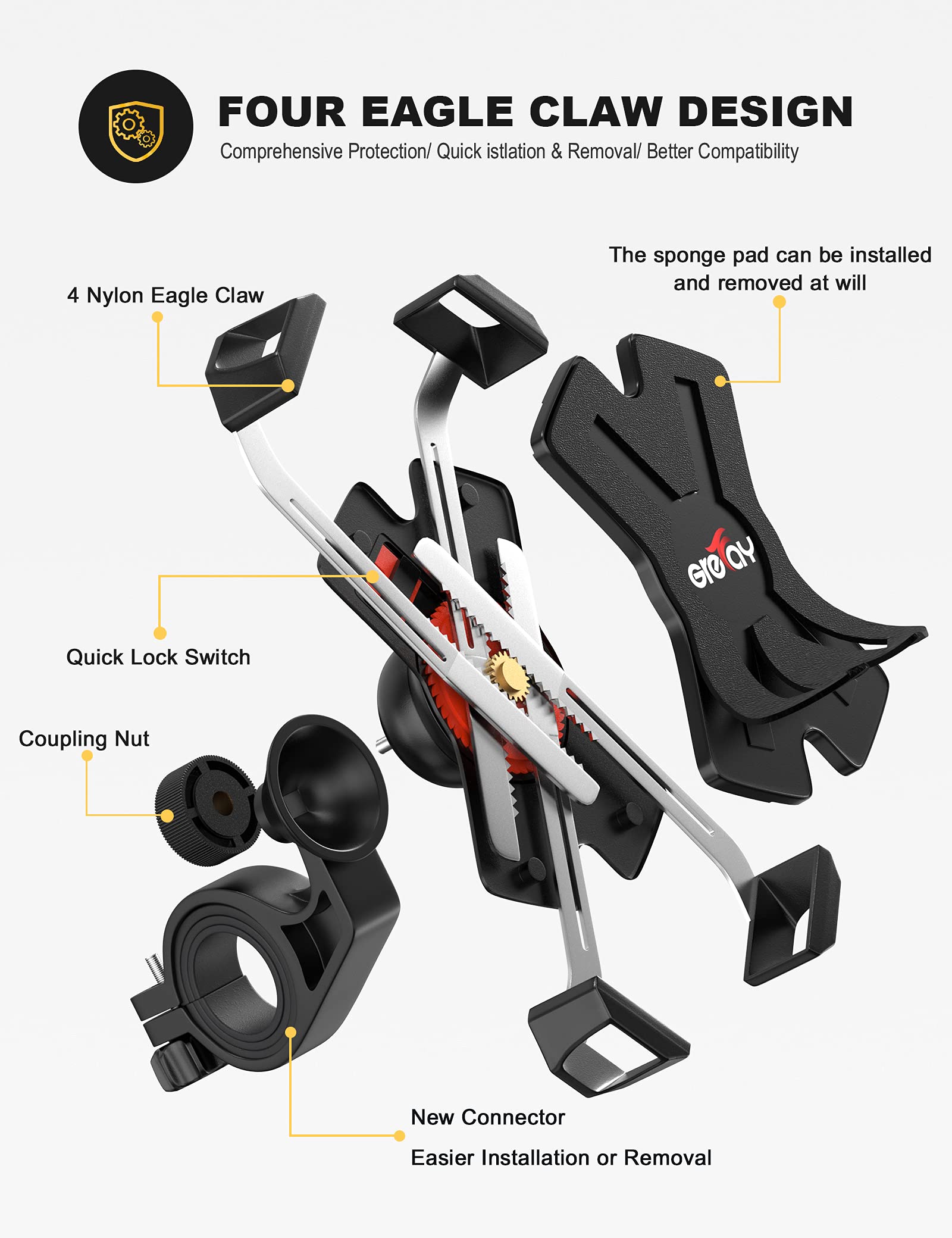 Grefay Bike Phone Mount Metal Motorcycle Handlebar Phone Holder Scooter Phone Clamp For 4.0-7.0 Inch Smartphone With 360 Rotatio