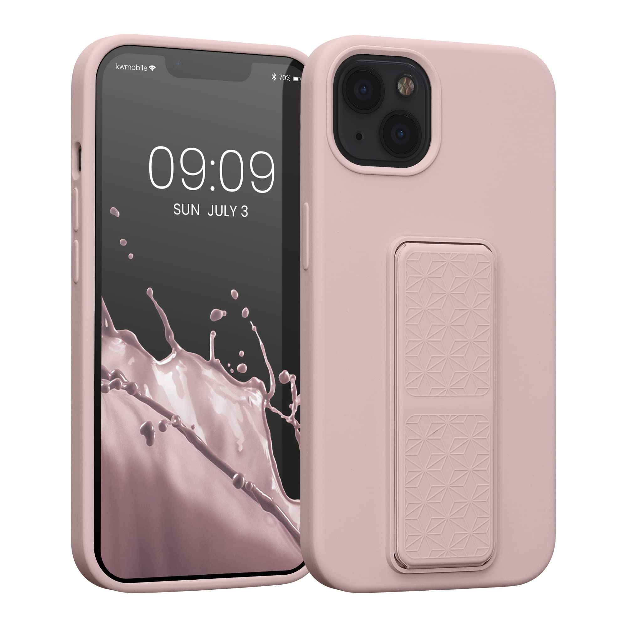 kwmobile Case Compatible with Apple iPhone 13 - Case with Hand Strap and Stand Soft TPU Silicone Coating - Dusty Pink