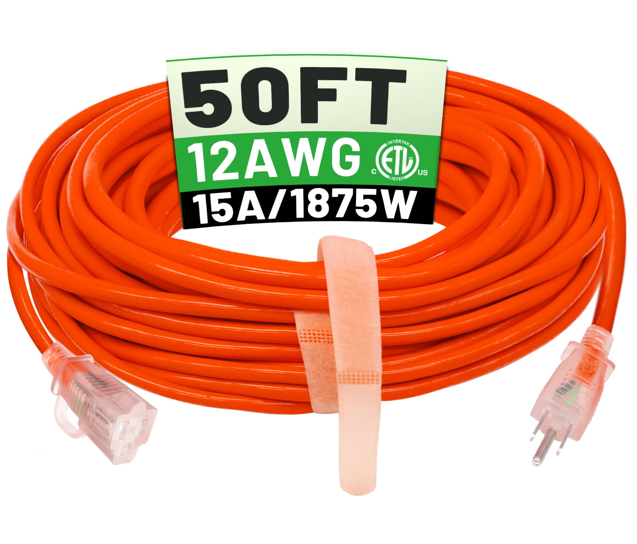 Powgrn 50 Ft 12/3 Outdoor Extension Cord Waterproof Heavy Duty With Lighted Indicator End 12 Gauge 3 Prong, Flexible Cold Resist