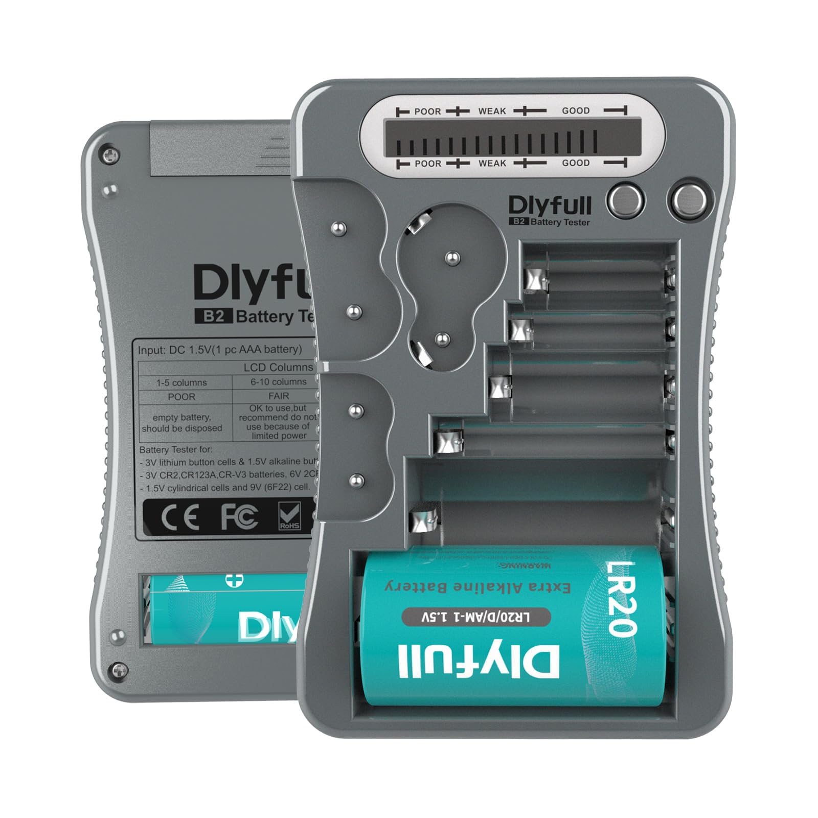 Dlyfull Universal Battery Tester with LCD Display, Multi Purpose Small Battery Checker for AA AAA C D 9V CR2032 CR123A CR2 CRV3 