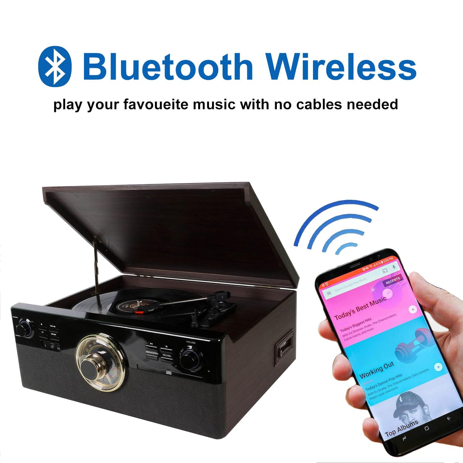 All In One Record Player 3 Speed Turntable Bluetooth Cd Cassette Tape Fm Radio Usb Playback And Recording Aux In Rca Line Out