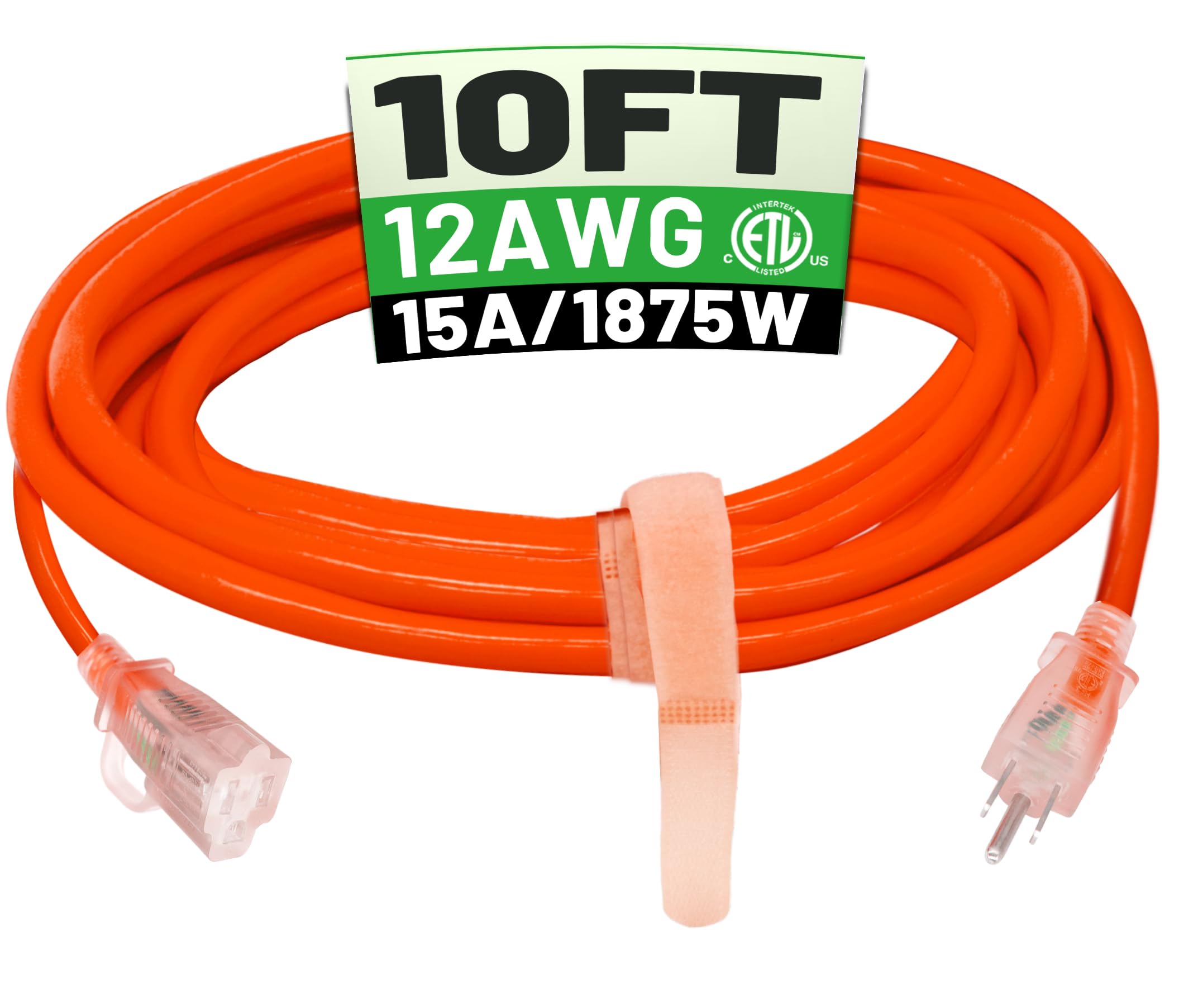 Powgrn 10 Ft 12/3 Outdoor Extension Cord Waterproof Heavy Duty With Lighted Indicator End 12 Gauge 3 Prong, Flexible Cold Resist