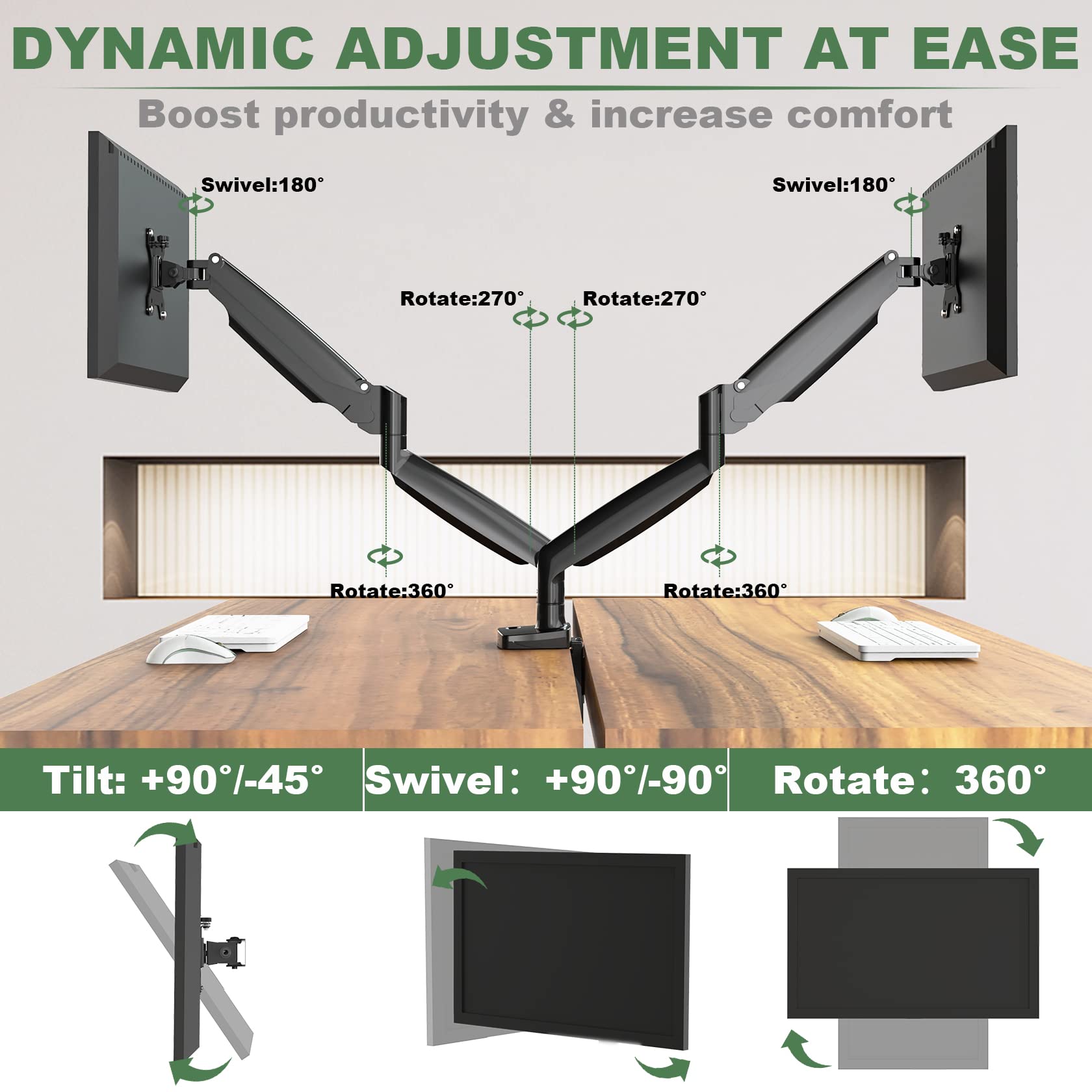 Upgravity Dual Monitor Mount, Dual Monitor Desk Mount For Two Ultrawide 22'' 34'' Flat/Curved Computer Screens, Fully Adjustable