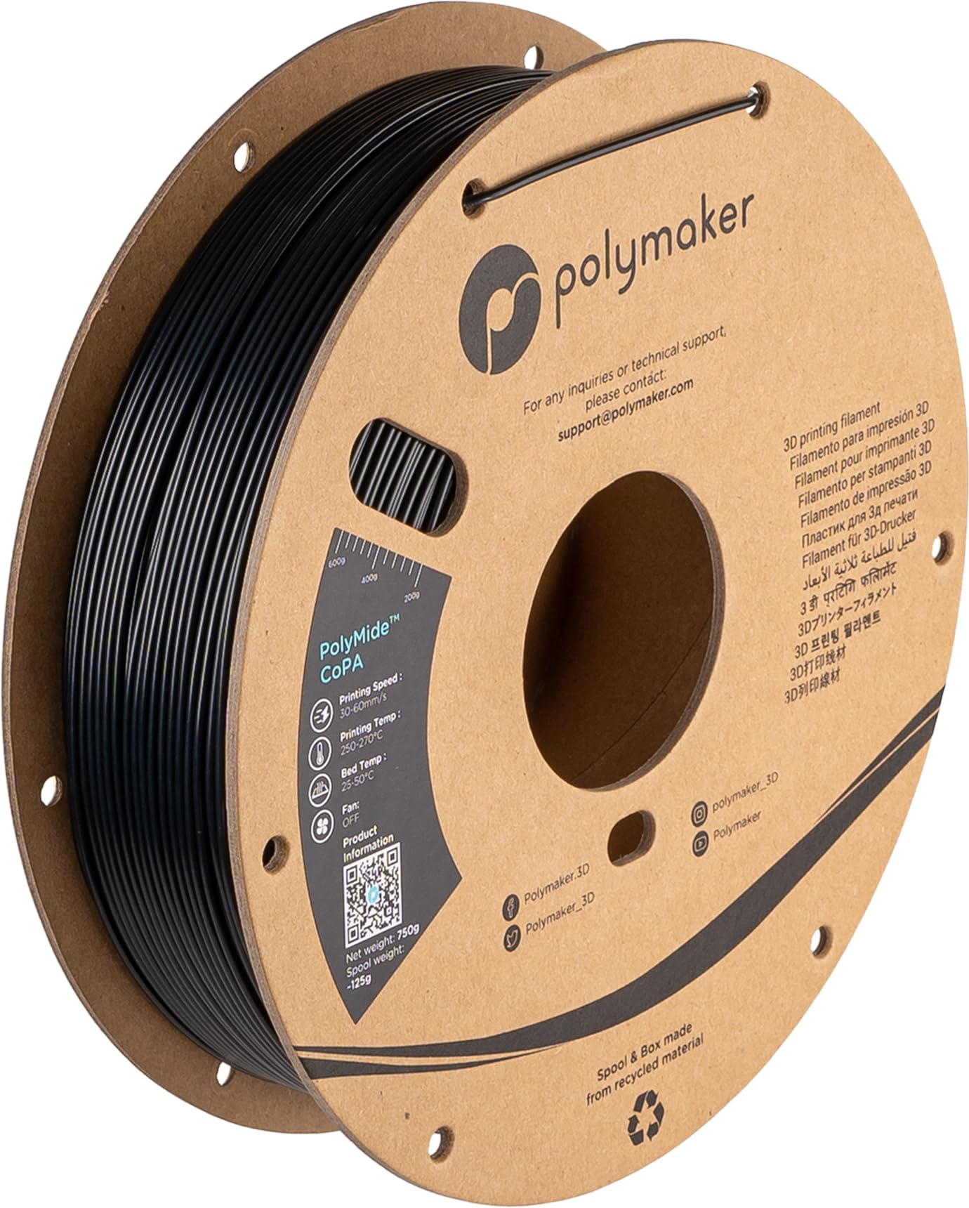 Polymaker Nylon Filament 1.75mm 0.75kg Black CoPA, PolyMide CoPA Warp Free Nylon 3D Printer Filament, Strong & Tough & Heat Resi