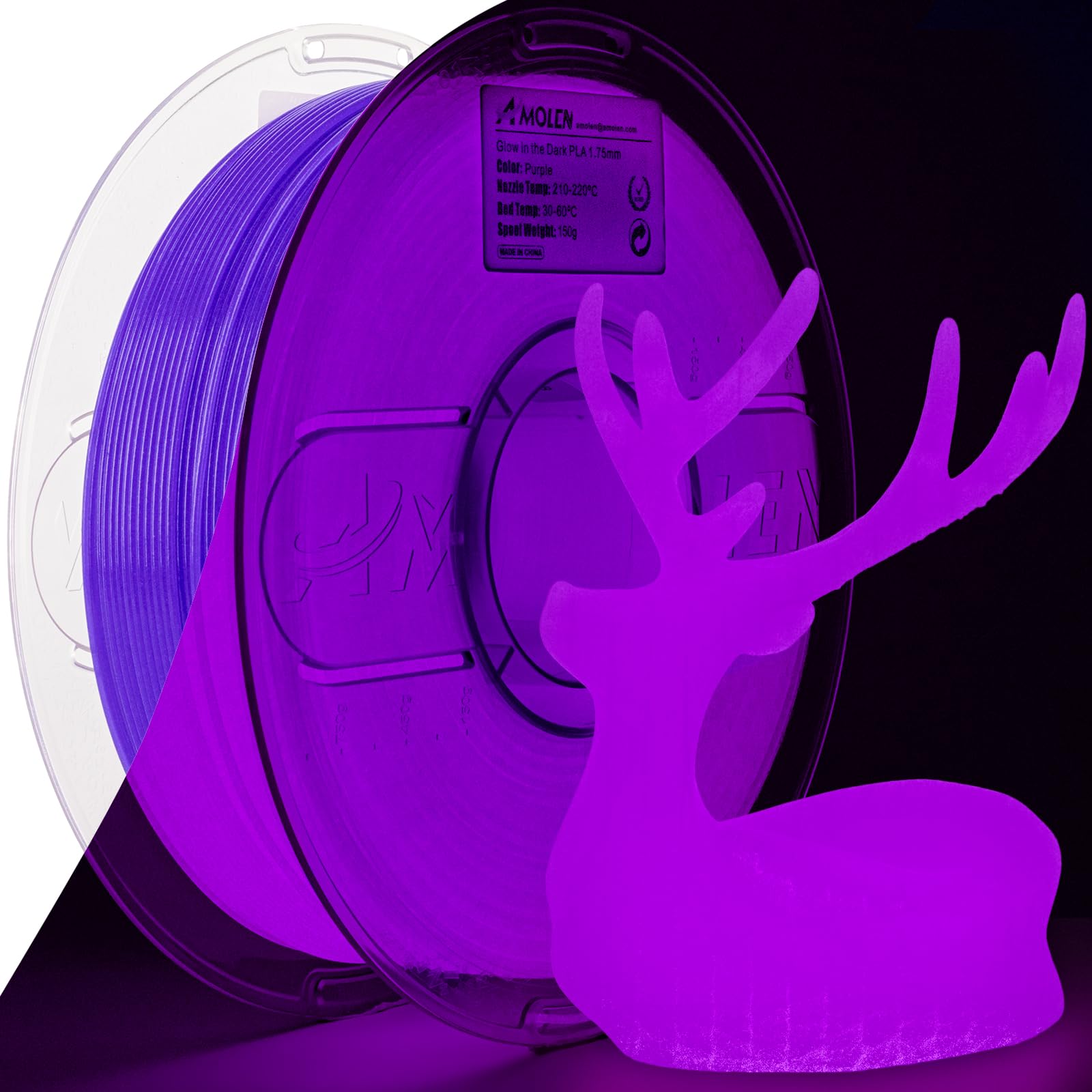 AMOLEN 3D PLA Printer Filament, 1.75mm Glow in The Dark Purple PLA Filament for 3D Printing, Best with UV Lamps, 1kg Spool (2.2l