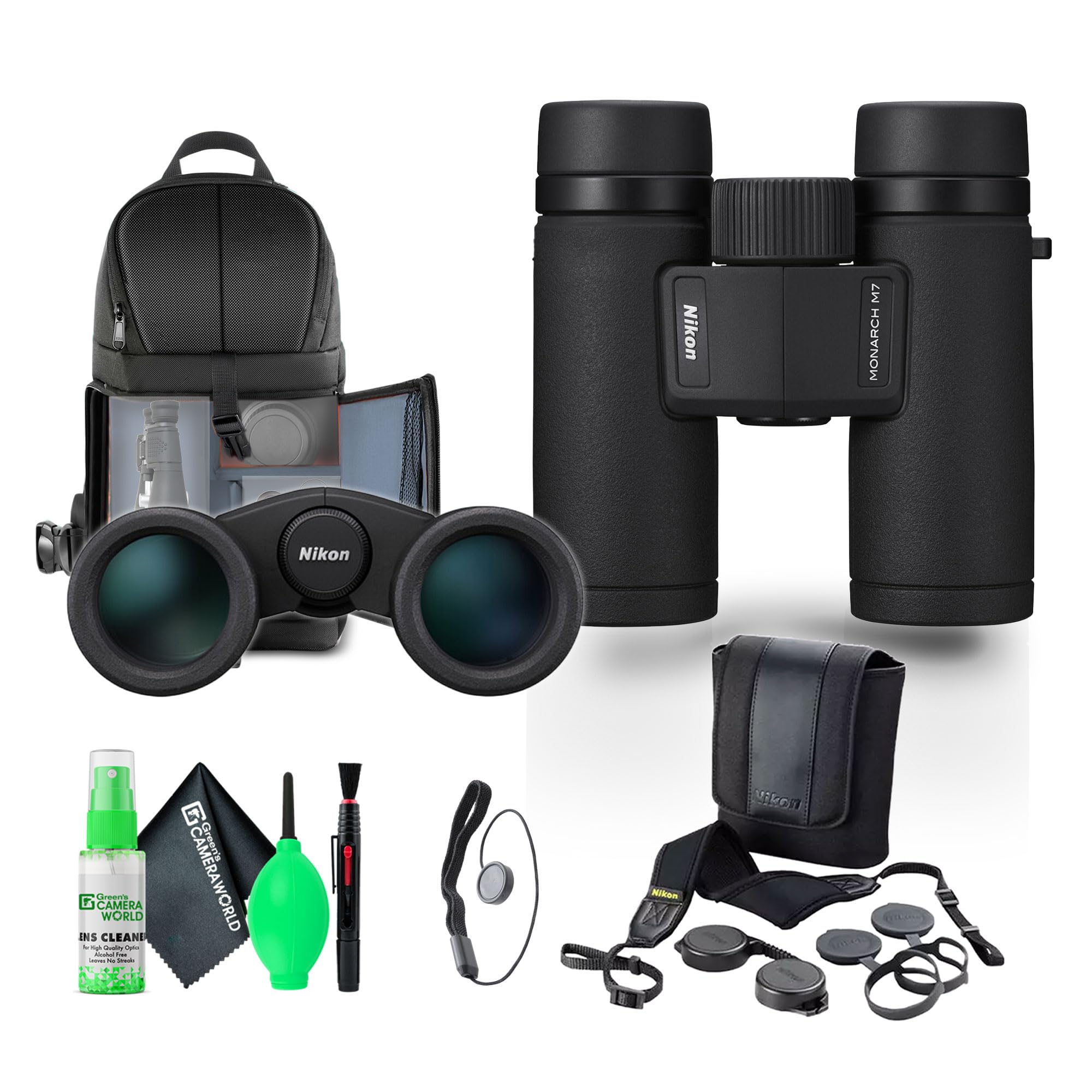 Nikon 10x30 Monarch M7 Roof Prism Waterproof, Fogproof Binoculars (16764) + Sling Backpack + Cleaning Kit + Lens Cap