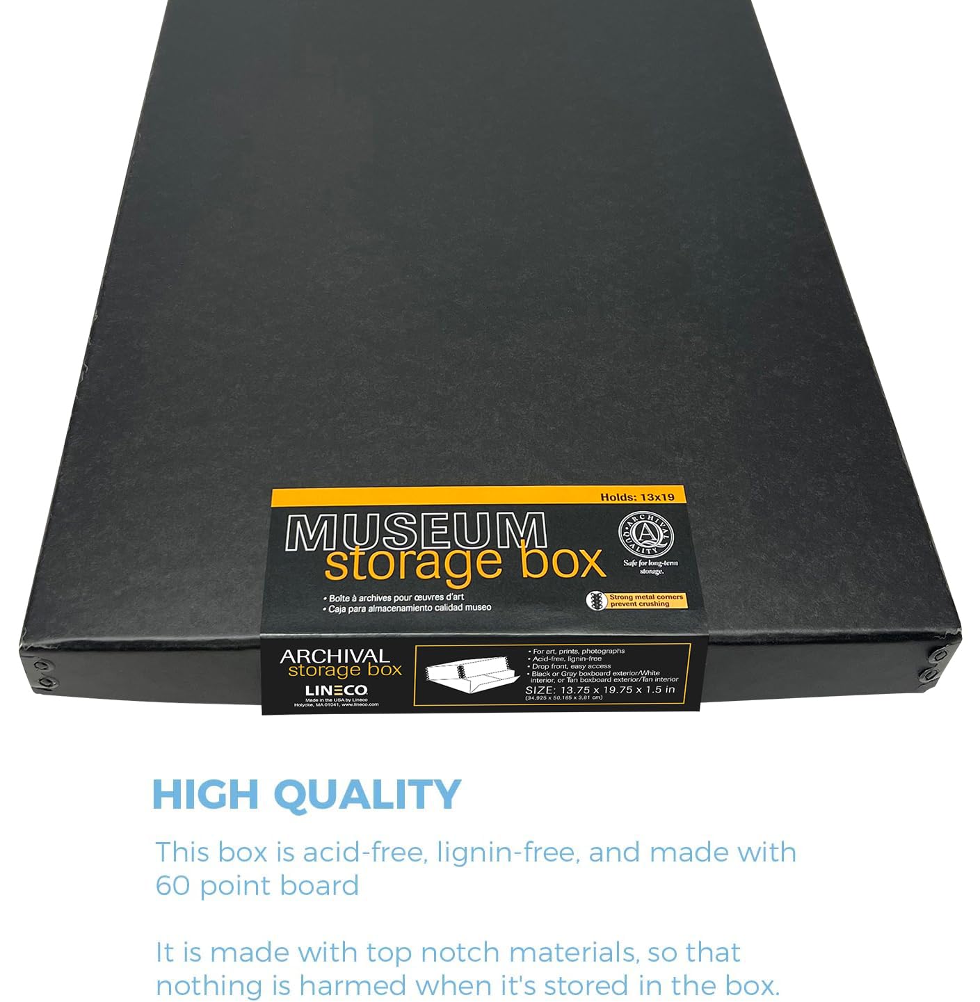 Lineco Museum Archival Storage Box, 13.75X19.75X1.5 In. Drop Front Design. Acid Free With Metal Edge. Organize Photos, Pictures, Prints, Documents, Crafts, Diy. Black, 1 Pack