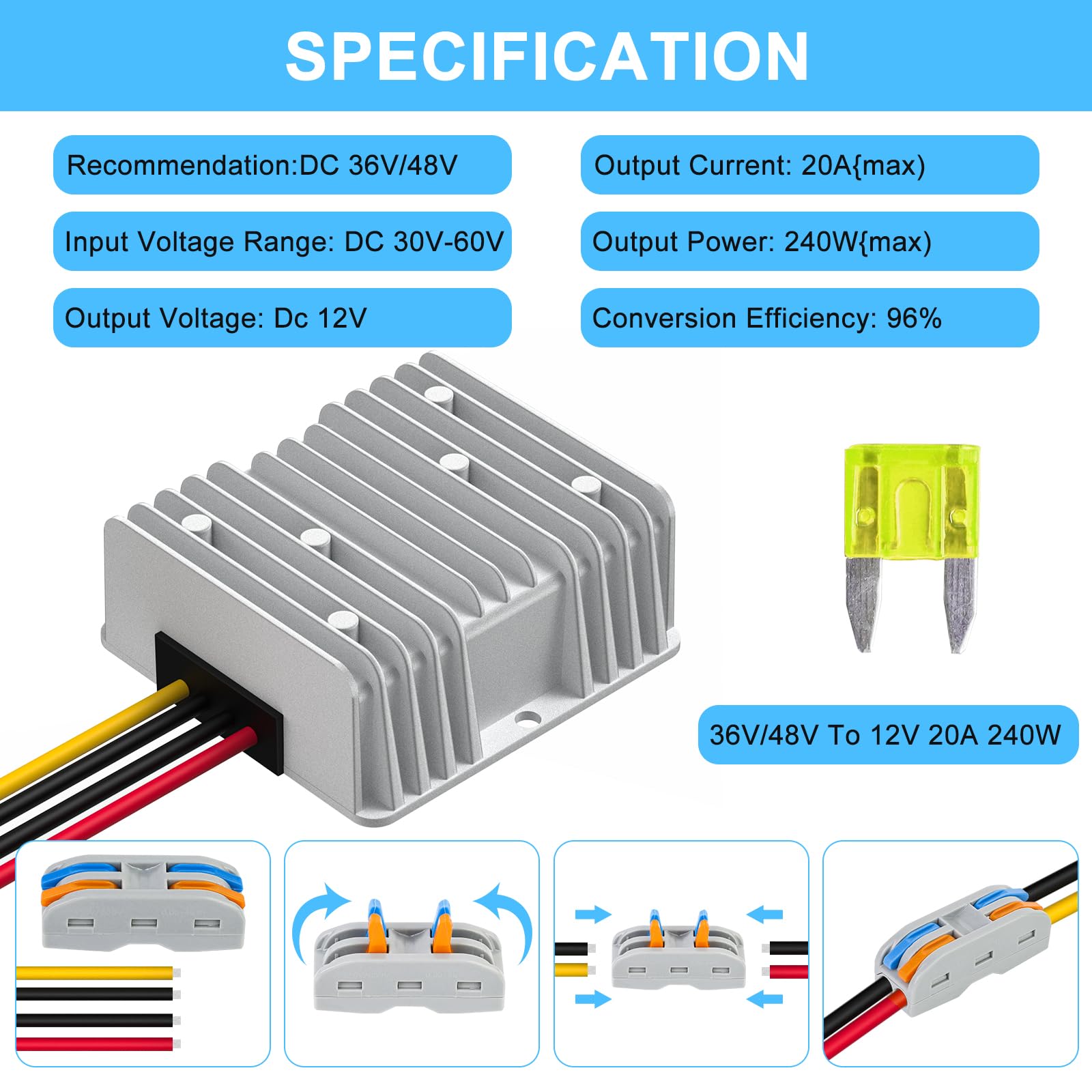 Dc Dc 20A 240W 12V Converter 36V/ 48V Step Down To 12V Dc Converter Voltage Regulator Reducer With Fuse Waterproof Module Transf