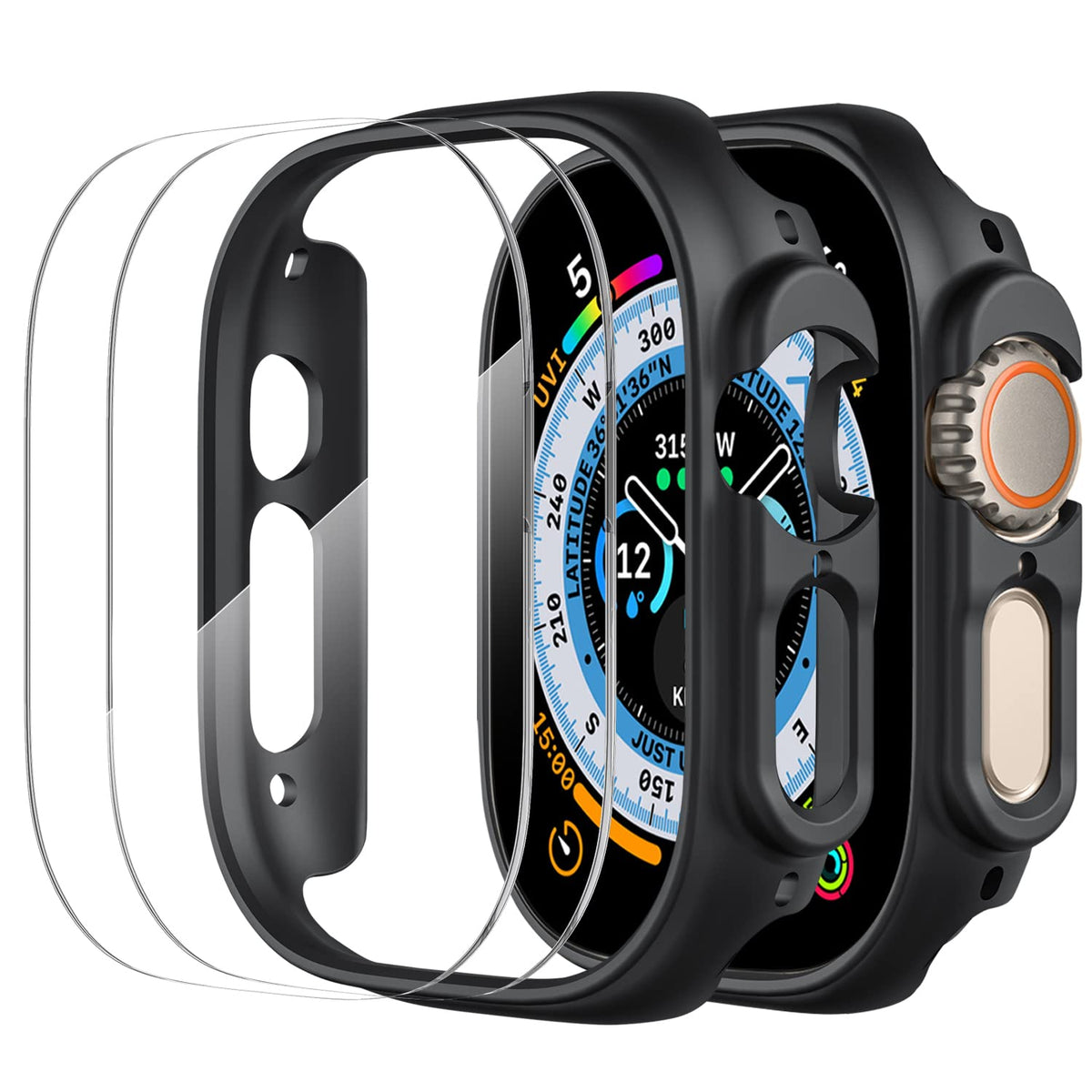 4 Pack Smiling Case and Screen Protector Compatible with Apple Watch Ultra 2/Ultra 49mm, 2 Hard PC Bumper Case [NO Screen Protector] + 2 Screen Protector, Shockproof Protective Case