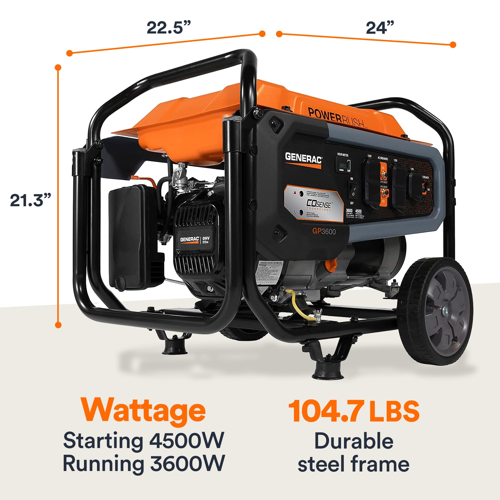 Generac 7721 Gp3600 3,600 Watt Gas Powered Portable Generator   Cosense Technology   Powerrush Advanced Technology   Reliable Po