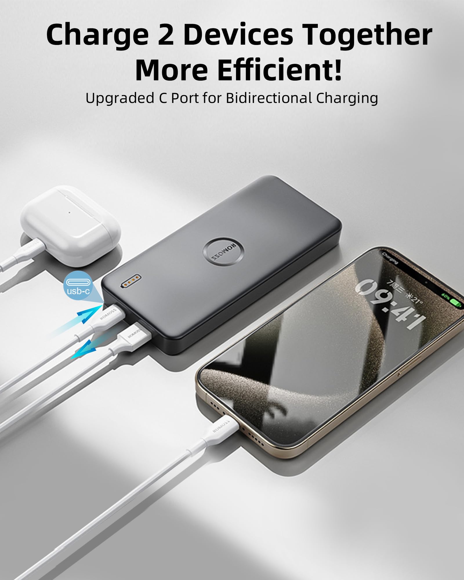 Romoss Portable Charger, Slim 22.5W Fast Charging Power Bank, 10,000Mah Battery Pack With Usb C In&Out For Iphone 16 15 14 13 12