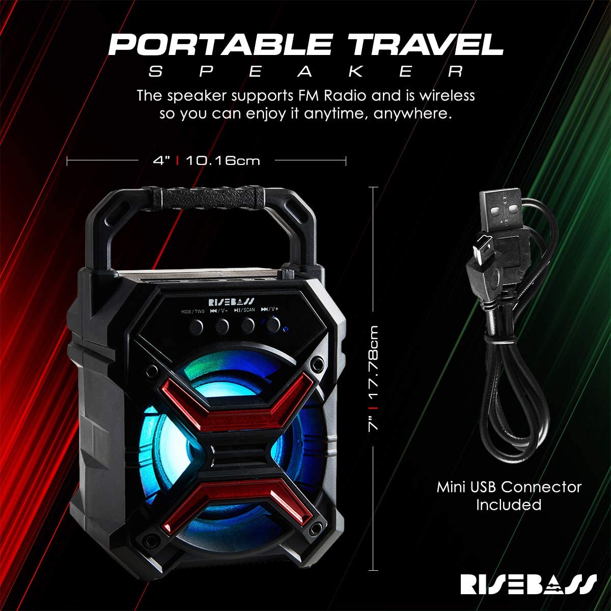 Risebass Portable Wireless Bluetooth Speaker For Iphone, Android, Ipod And More   Rechargeable Bluetooth Speaker For Kids & Adults   Mini Speaker With Party Lights For Hiking, Picnic