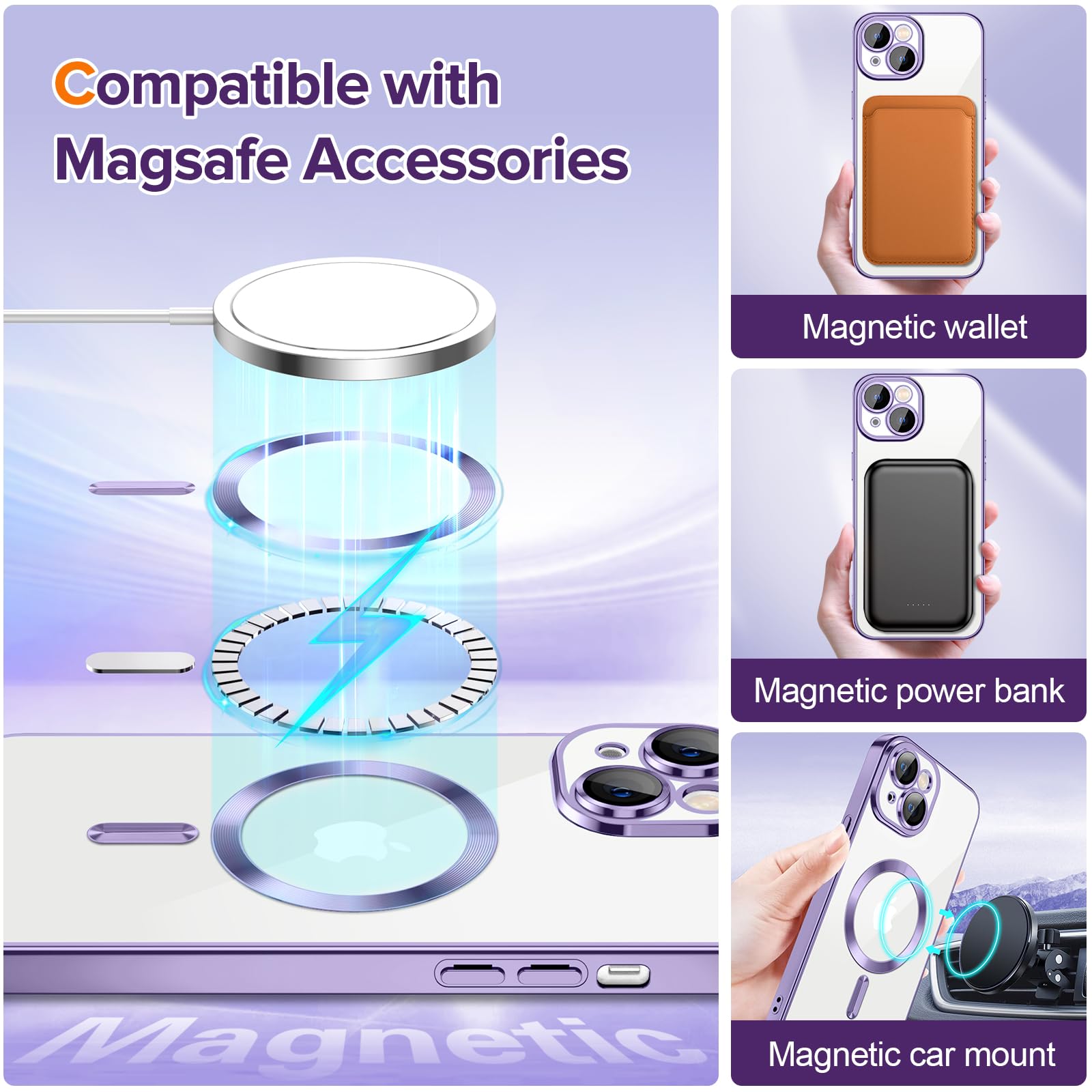Hython Magnetic Clear Case For Iphone 15 Case With Camera Lens Protector [Compatible With Magsafe] Slim Luxury Plating Edge Soft