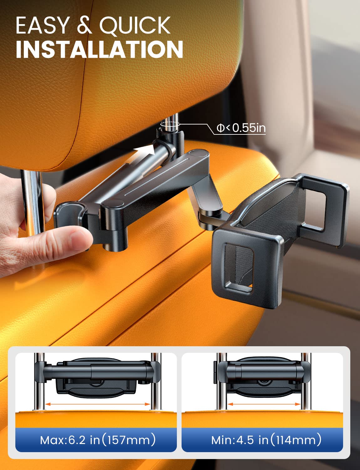 Esamcore For Ipad Car Holder Back Seat, 1.57' Extra Deep Clamp Headrest Tablet Holder For Ipad Car Mount Backseat Road Trip Essentials Kids For 4.7' 11' Tablet For Ipad Pro Air Mini Galaxy Tab