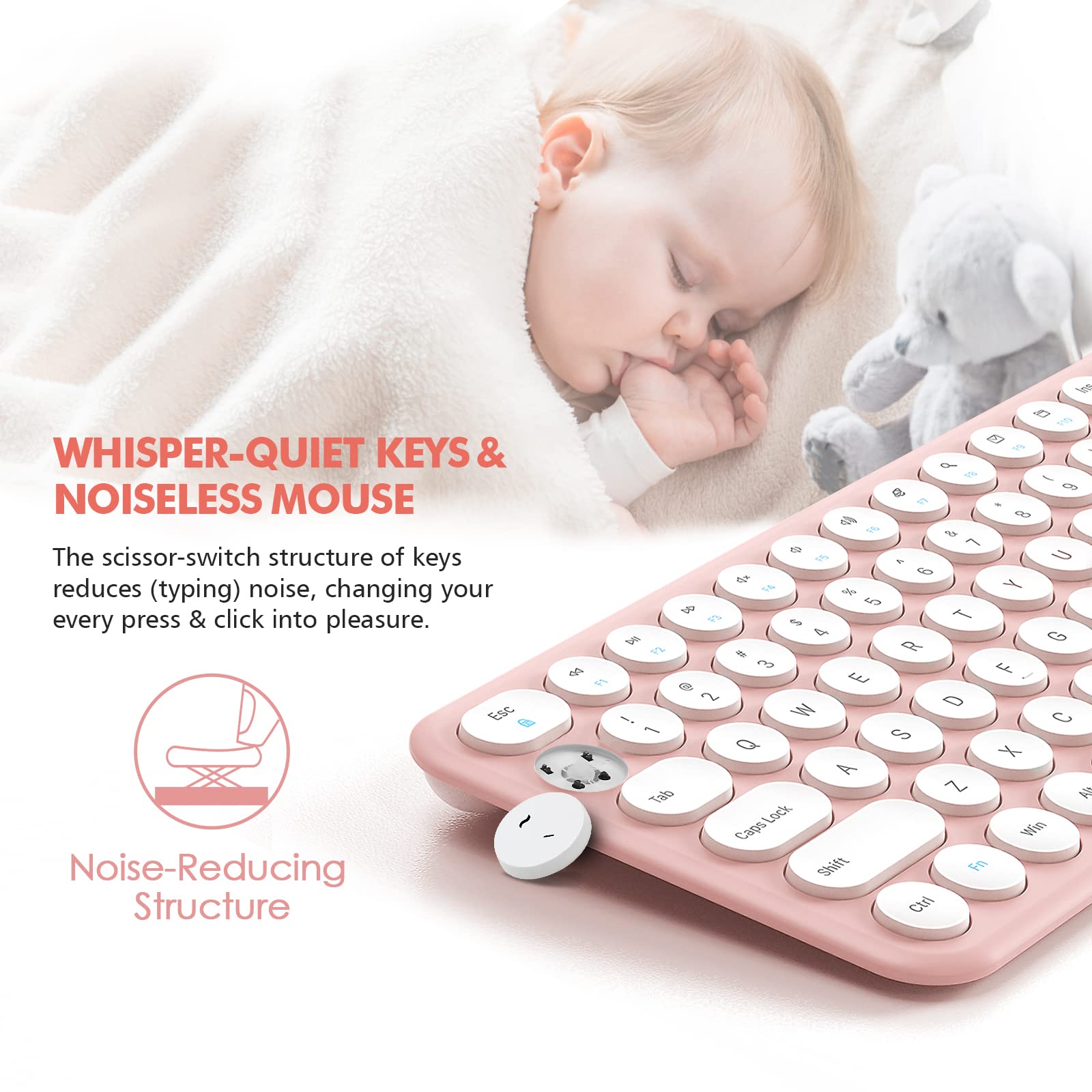 Wireless Keyboard And Mouse Combo, Xtremtec Cute Compact -Size Pink Retro Round Keycap, Ultra Thin Quiet 2.4Ghz Retro Kawaii Key