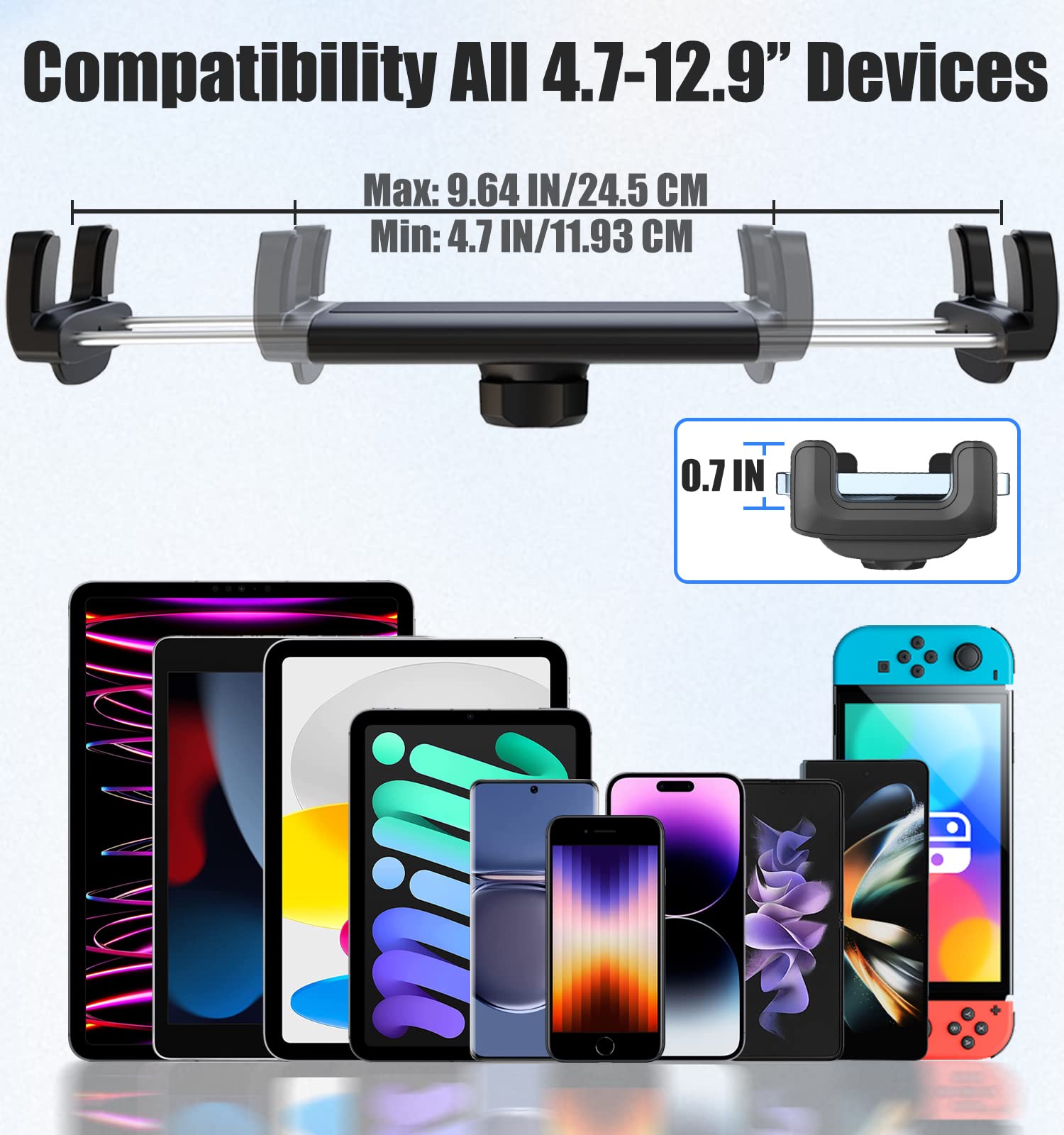 Charchendo Tablet Phone Mount For Car Rear View Mirror Fits 4 13'' Devices, 360 Retractable Rearview Mirror Phone Holder Anti Sh