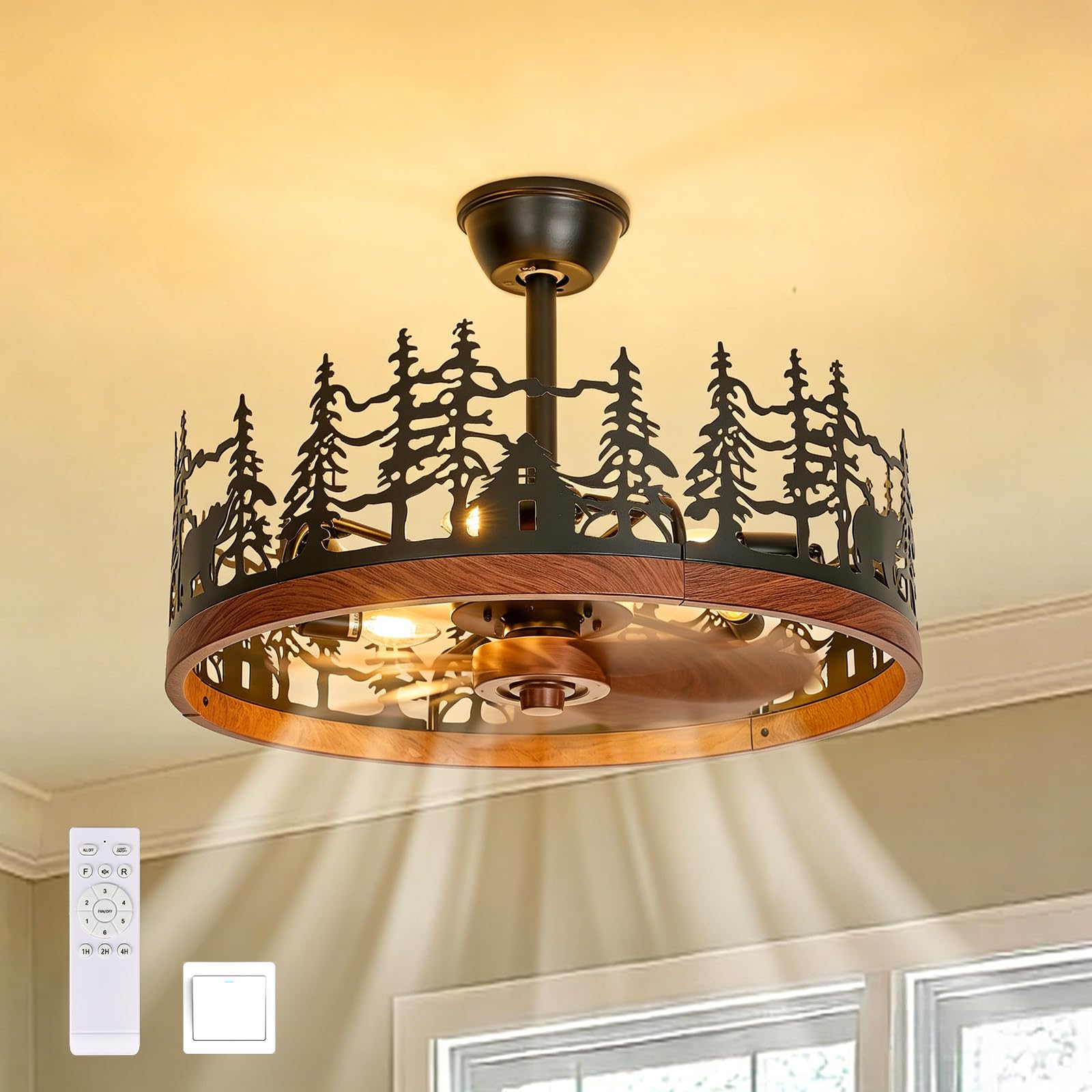 Monikessy 23.6 Inch Farmhouse Rustic Ceiling Fans with Lights, Vintage Walnut Wheels Flush Mount Bladeless Chandeliers Fan, Adju