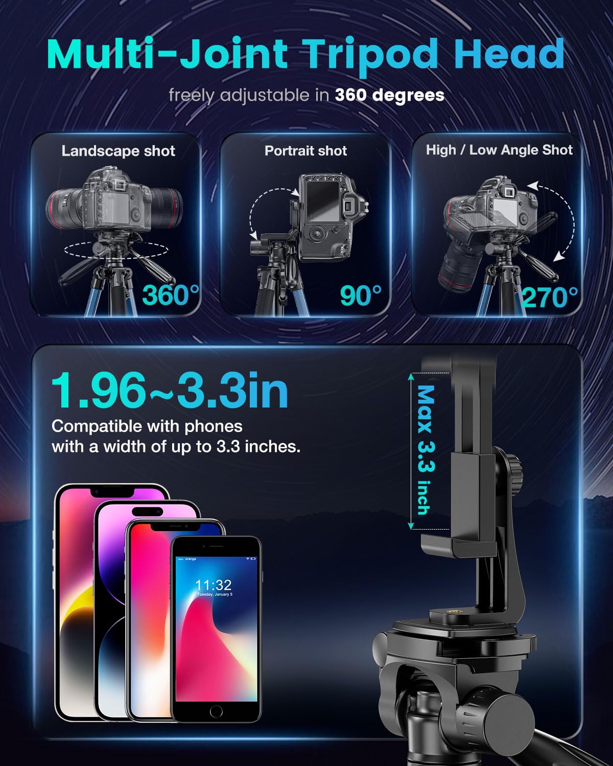 Cambofoto 74'' Camera Tripod, Navy Blue Porfessional Aluminum Heavy Duty Tripod Stand For Mirrorless Camera/Dslr/Cell Phone/Camc