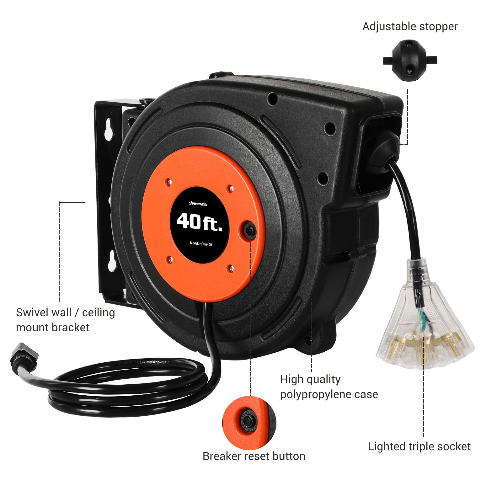 Dewenwils Retractable Extension Cord Reel, 40 Ft Heavy Duty Power Cord, 12Awg/3C Sjtow, 3 Grounded Outlets Lighted Triple Tap, 1
