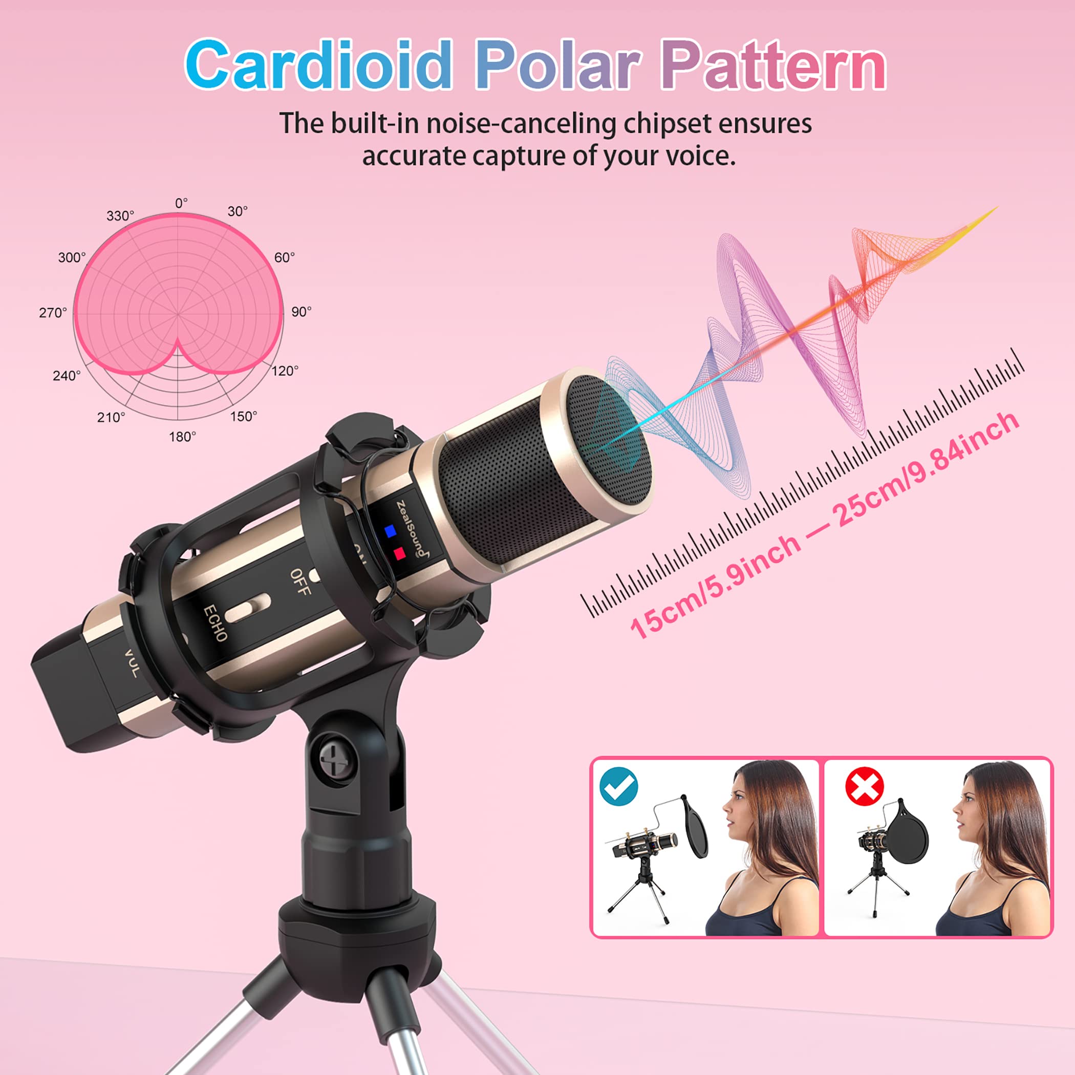 Zealsound Studio Recording Microphone, Condenser Broadcast Microphone W/Stand Built-In Sound Card Echo Recording Karaoke Singing