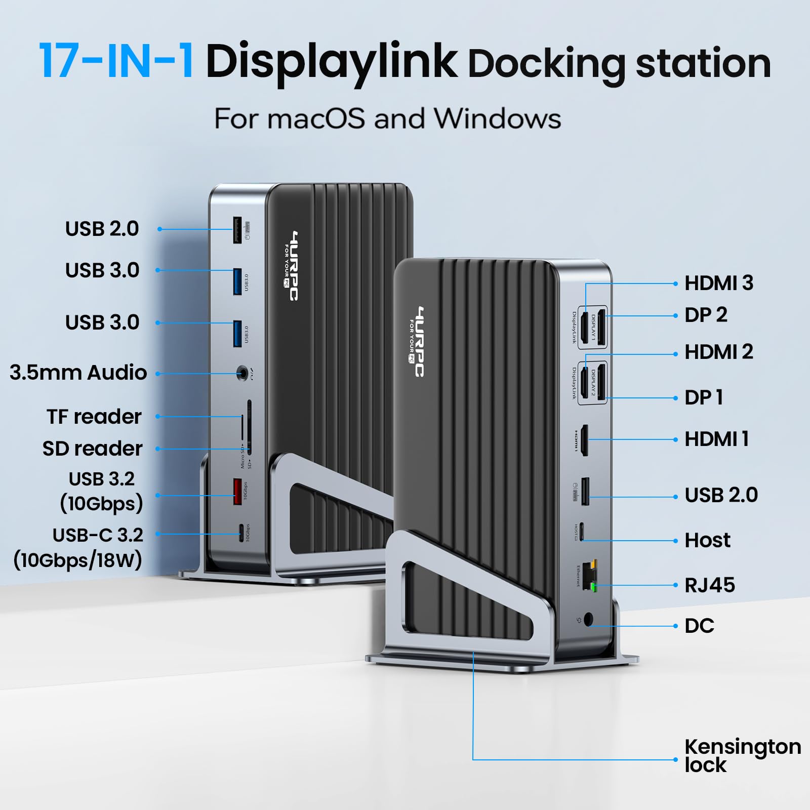 4Urpc Displaylink Docking Station Triple 4K Monitor With 120W Power Adapter, Laptop Dock For Macbook Pro/Air, Thunderbolt 4/3, U