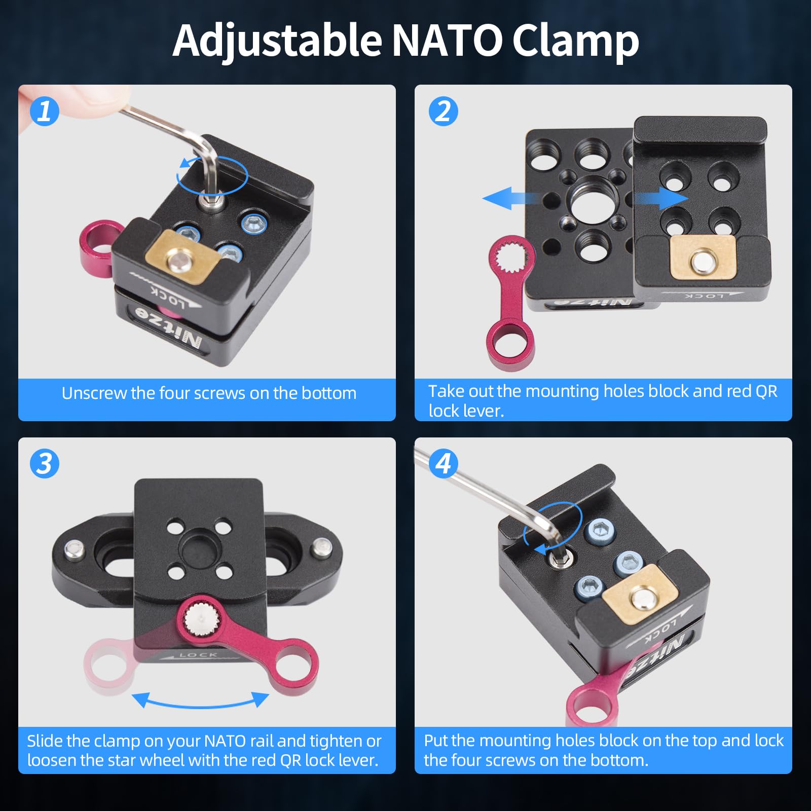 Nitze Quick Release Nato Clamp With 1/4� Threaded Holes, 1/4� Locating Hole And 3/8� Arri Locating Hole For Camera Cage Monitor Cage Magic Arm   Nf49A