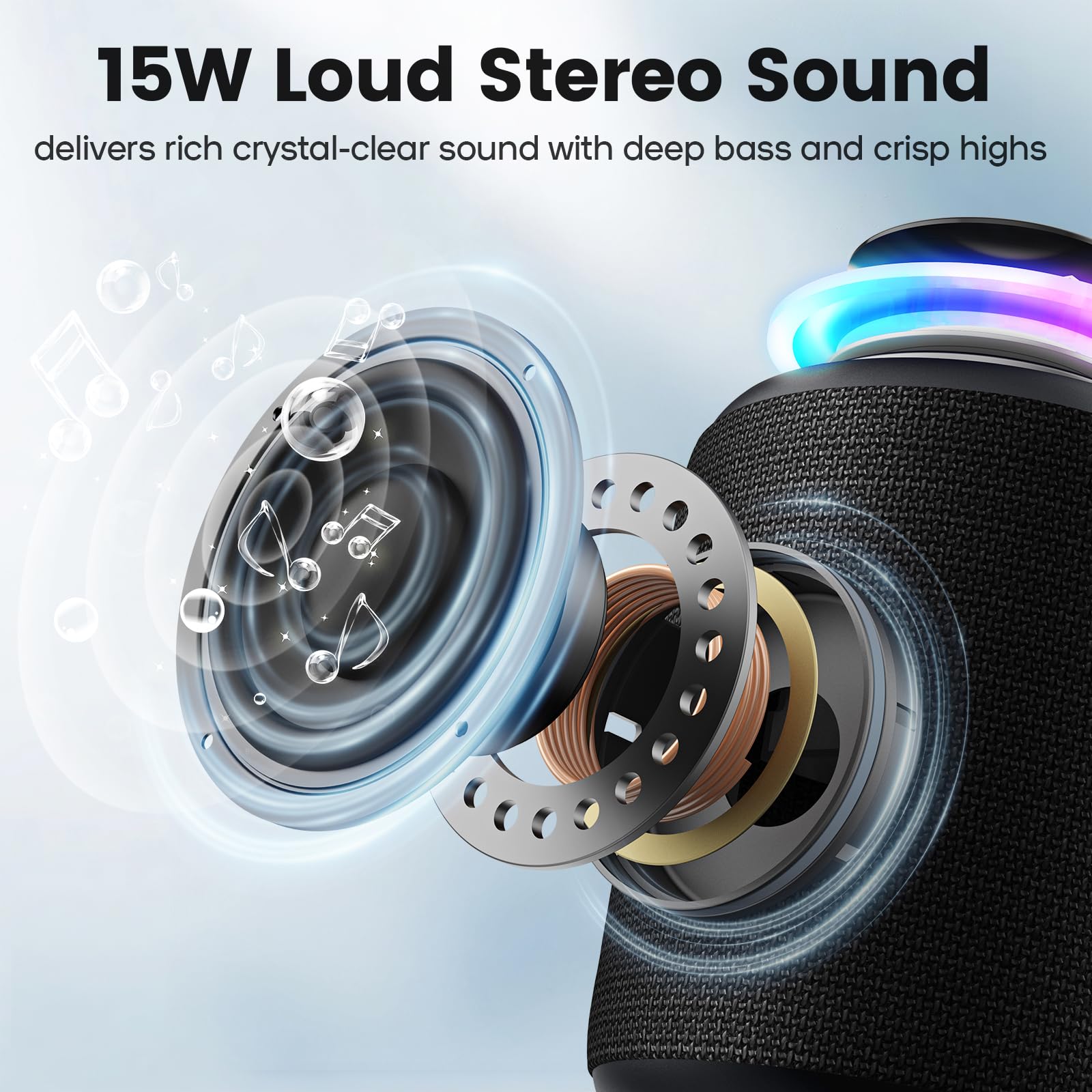 Bluetooth Speaker Wireless, Ip67 Waterproof & Dustproof Portable Speaker With Lights, 15W Loud Stereo Sound, 2500Mah Battery All